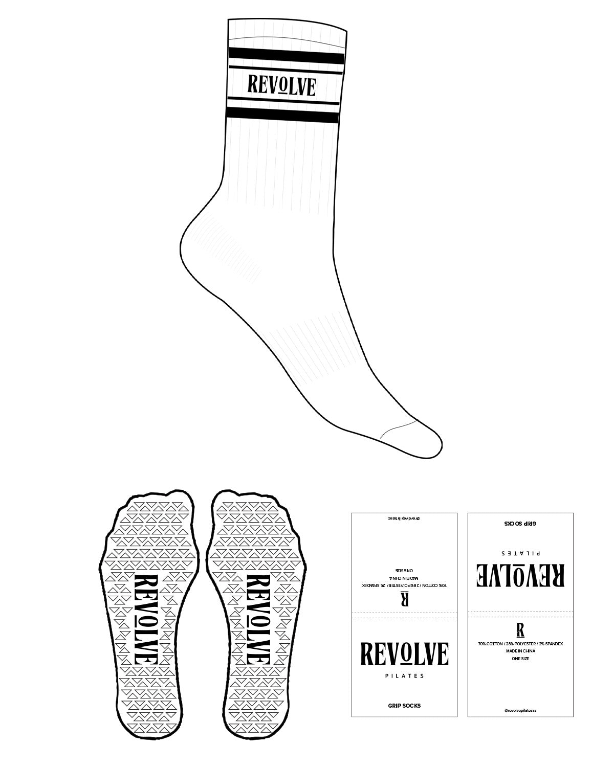 The Crew Sock - White - Revolve Pilates - 4 Strips - Revolve Logo on Middle - Black - Triangle Shape Grip - Black
