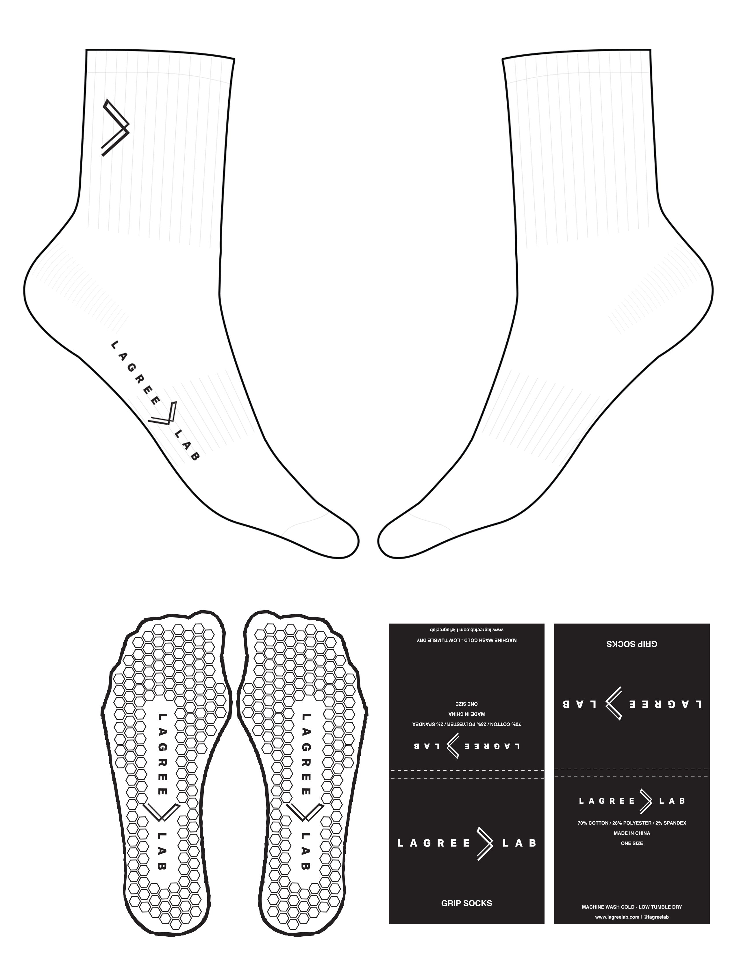 The 3/4 Crew Sock - White - LagreeLab - Top & Sole Logo - Printed - Black - Hexagon Grip - Black