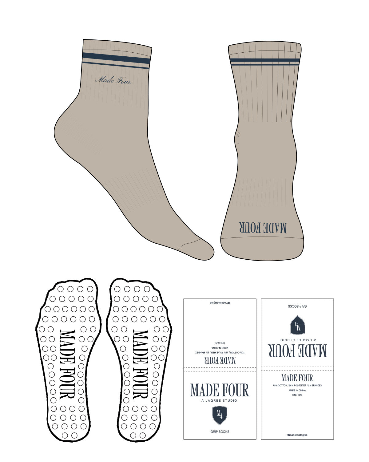 The 1/2 Crew Sock - Tan - M4Lagree - 2 Strips - Top & Front Logo - Navy D50- Circle Shape Grip - Navy