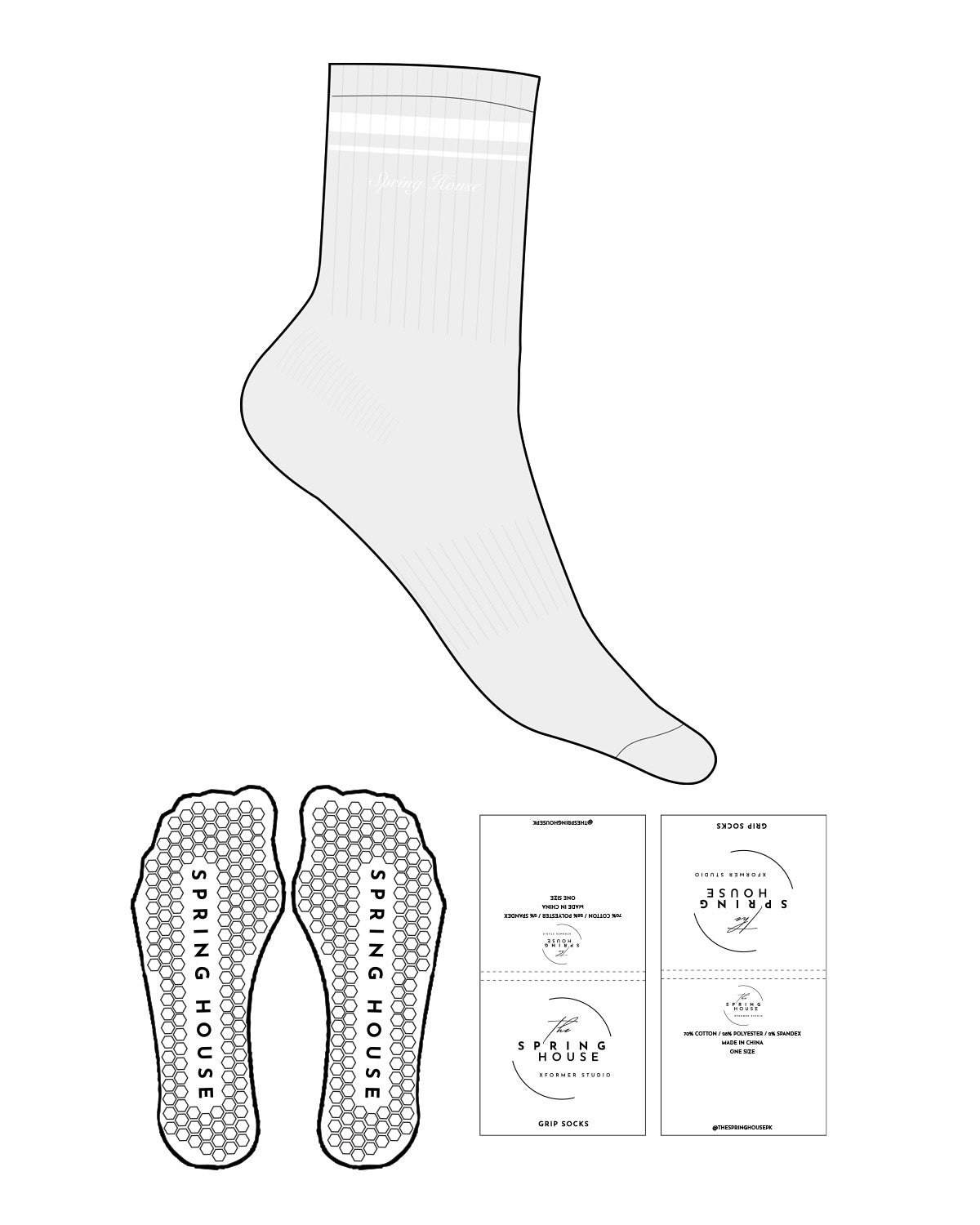 The 3/4 Crew Sock - Heather - Spring House - Dual Strip - "Spring House" Logo - Embroidered - White - Grip - Transparent