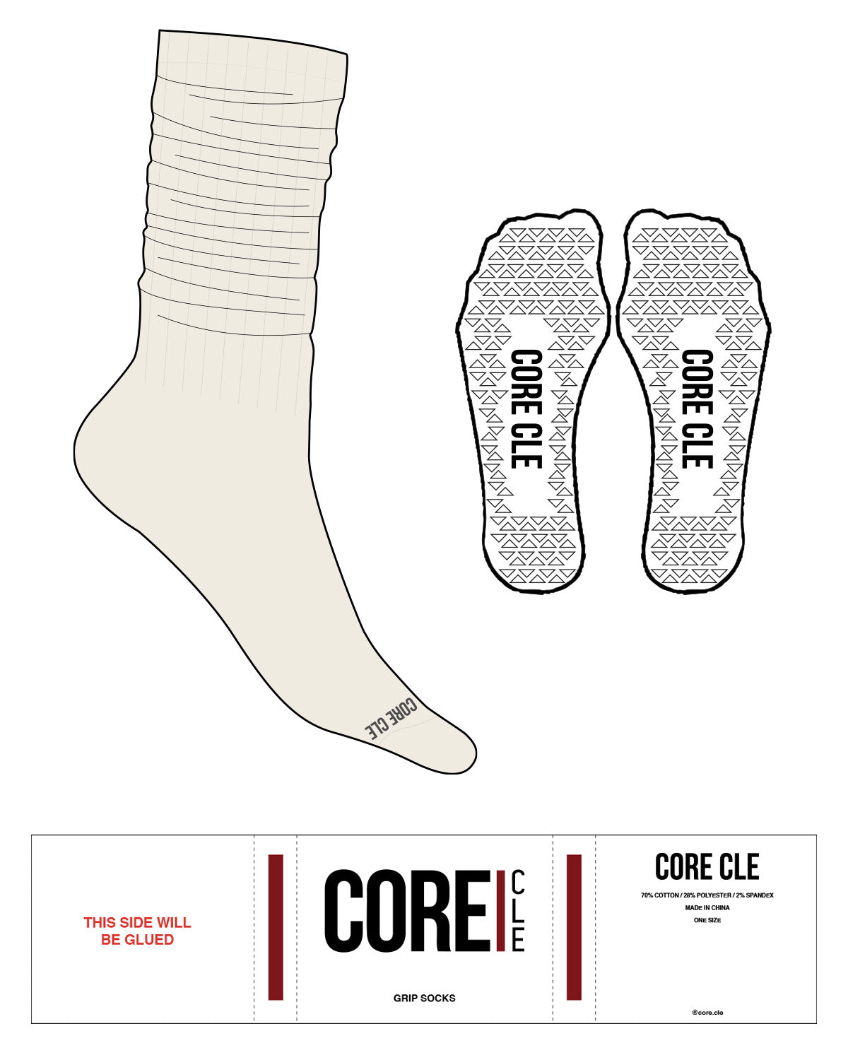 The Slouch Sock - Off White - Core CLE - Bottom Toe - Text - Charcoal - Triangle Shape Grip - Transparent