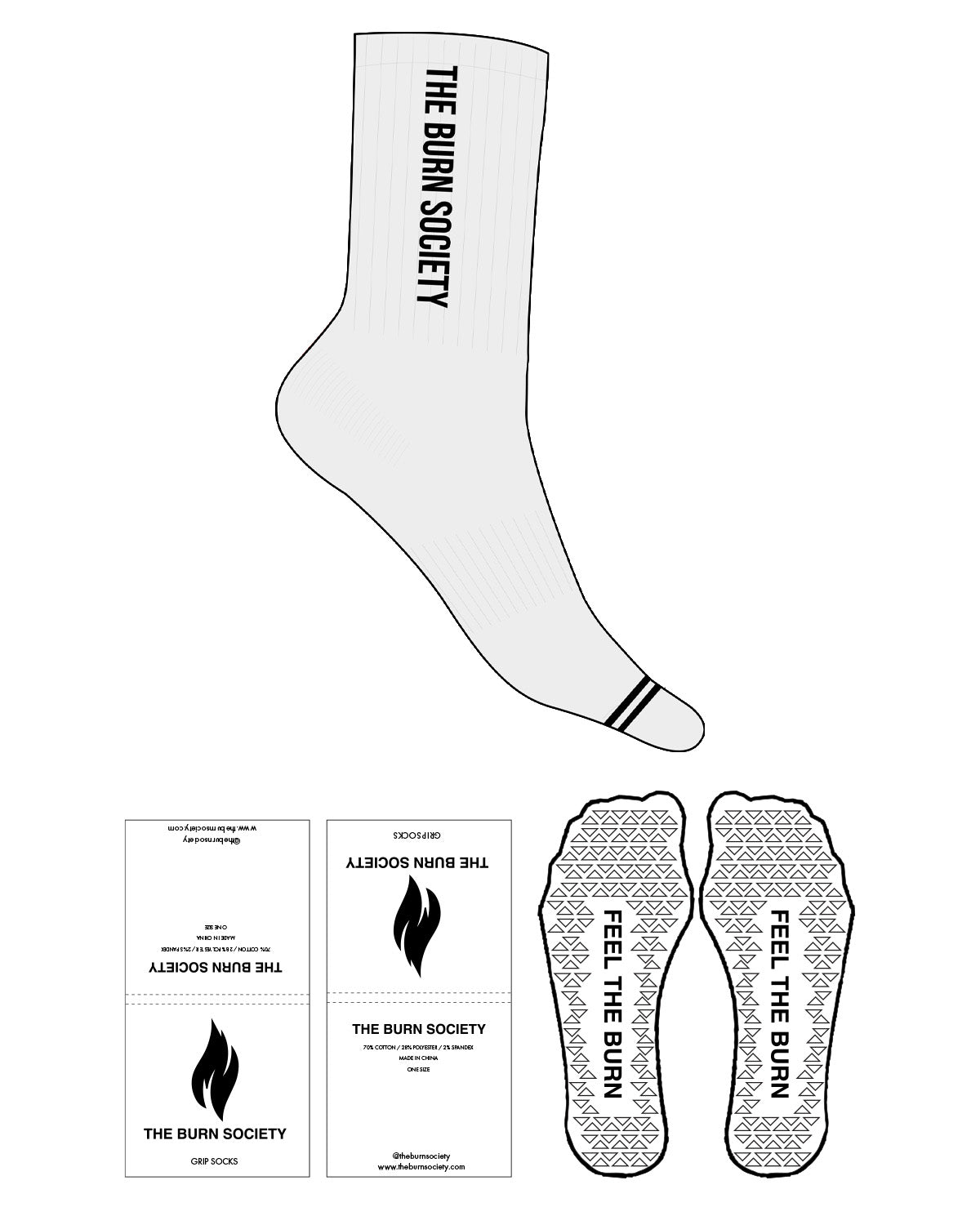 The Crew Sock - Heather - The Burn Society - Text Vertical - Black  - Triangle Shape Grip - Transparent