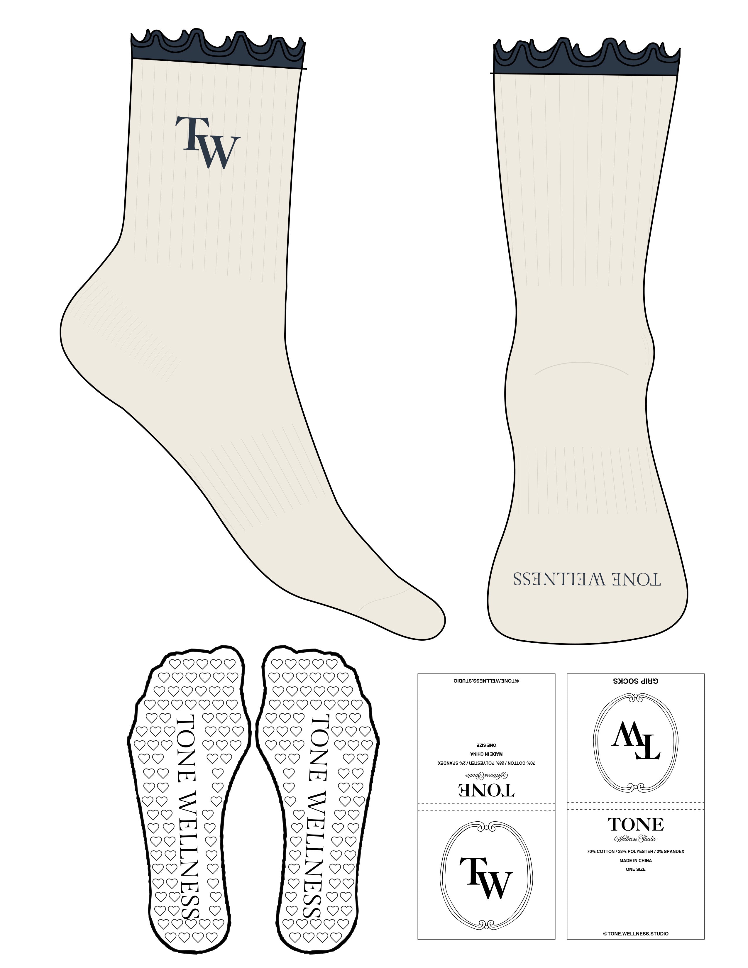 The 3/4 Crew Sock - Off White - Tone Wellness Studio - Navy Frill - Top Embroidered & Toe Printed Logo - Navy - Heart Grip - Navy