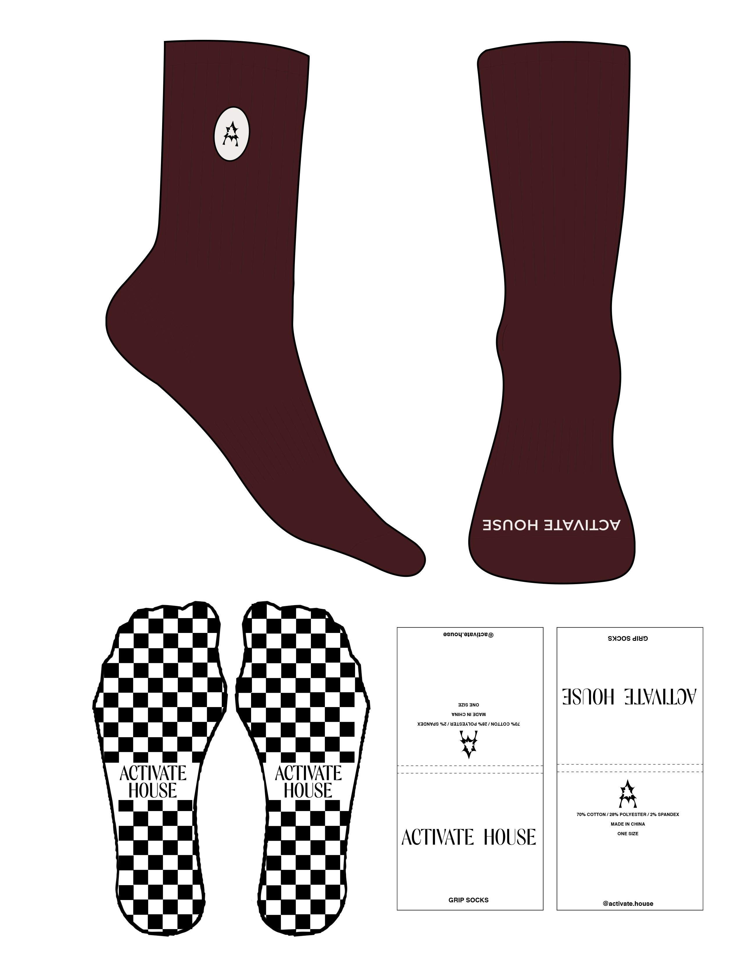 The Crew Sock - Maroon - Activate House - Top Logo Full Color - Embroidered - Toe Logo - Cloud Dancer - Square Grip - Transparent