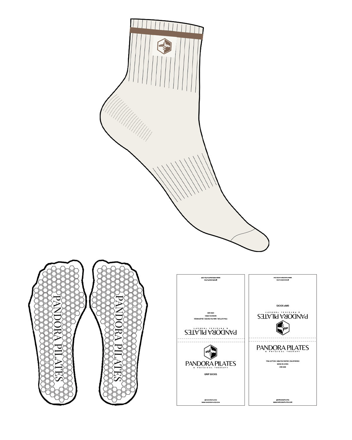 The Crew Sock - Cream - Pandora Pilates - Top Border & icon - Brown Stripe -  Cream Embroidered Label - Hexagon Shape Grip - Transparent