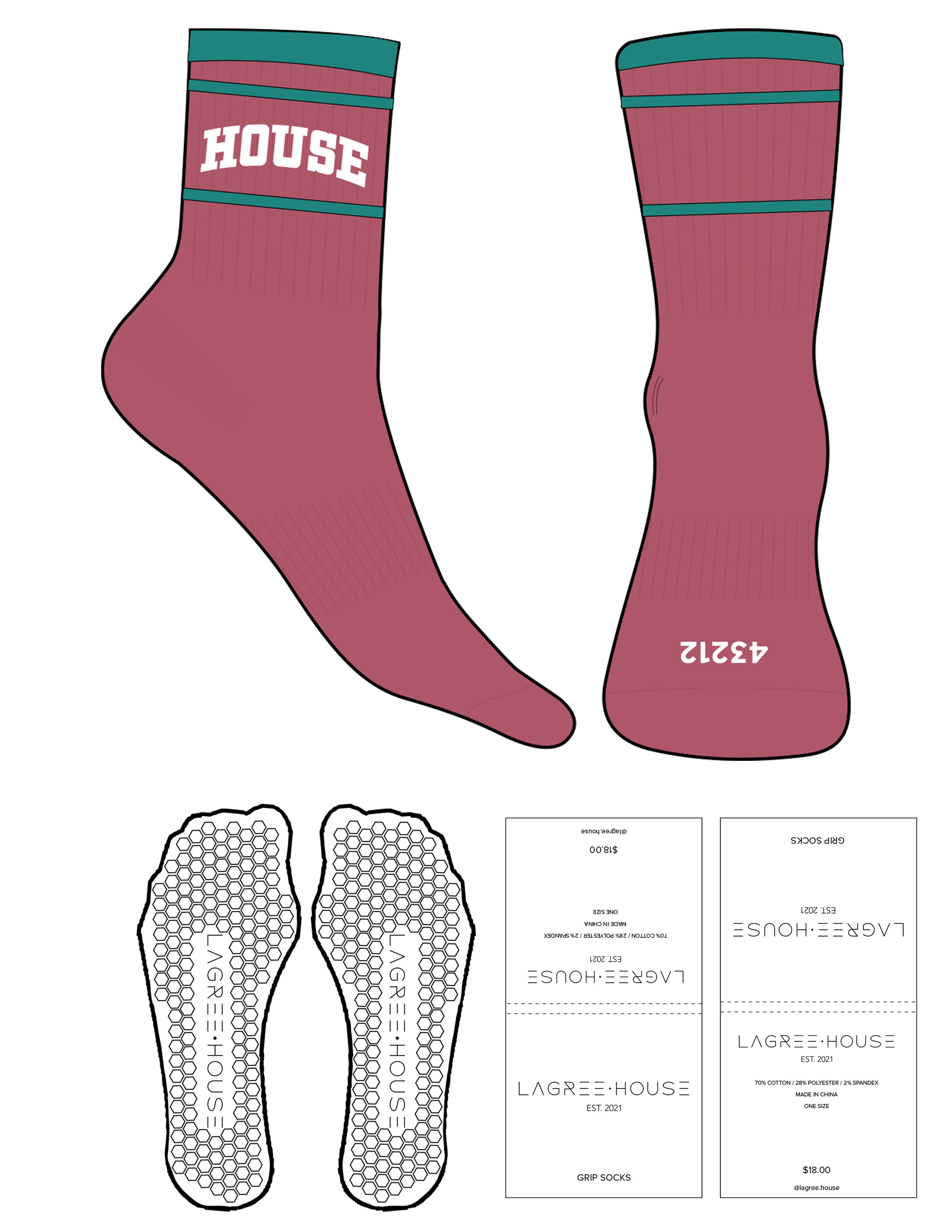 The 3/4 Crew Sock - Vintage Rose - Lagree House - Teal Stripes - Top & Toe Logo - Printed - White - Hexagon Grip - Transparent