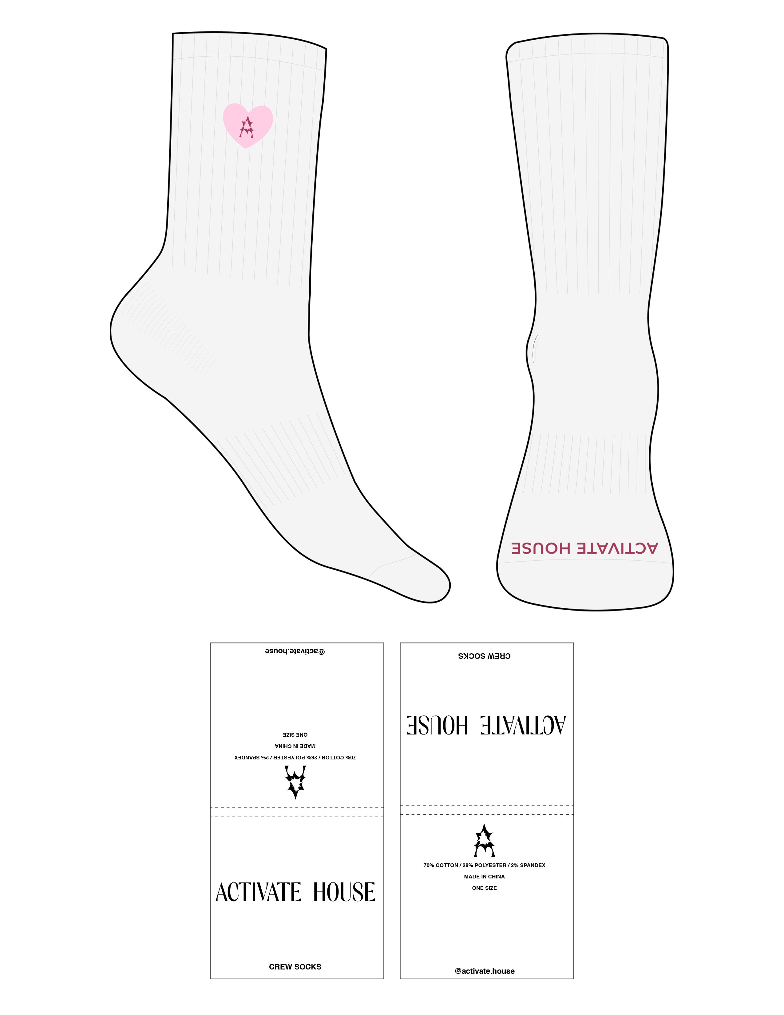 The Crew Sock - White Heather - Activate House - Top Logo Full Color - Embroidered - Toe Logo - Fuschia