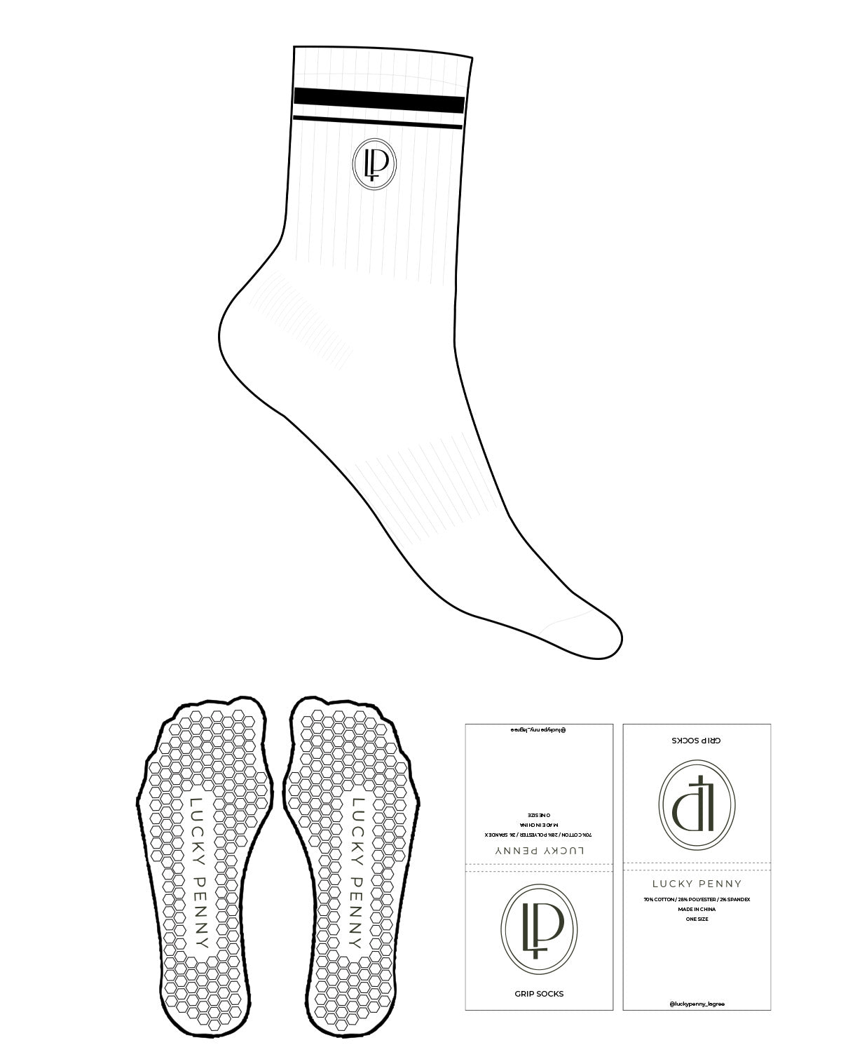 The 3/4 Crew Sock - White - Lucky Penny - Top Logo - Embroidered - 2 Stripes - Black - Hexagon Shape Grip - Black
