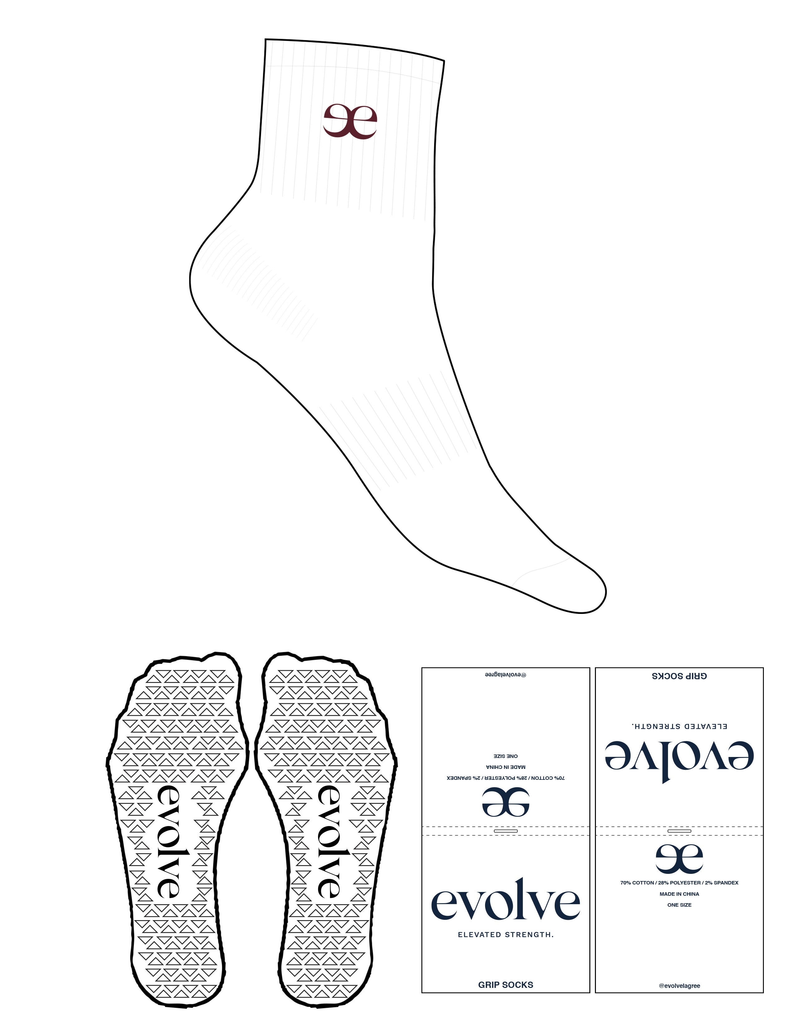 The 1/2 Crew Sock - White - Evolve Lagree - Center Chest - Top Logo - Oxblood - Triangle Grip - Oxblood