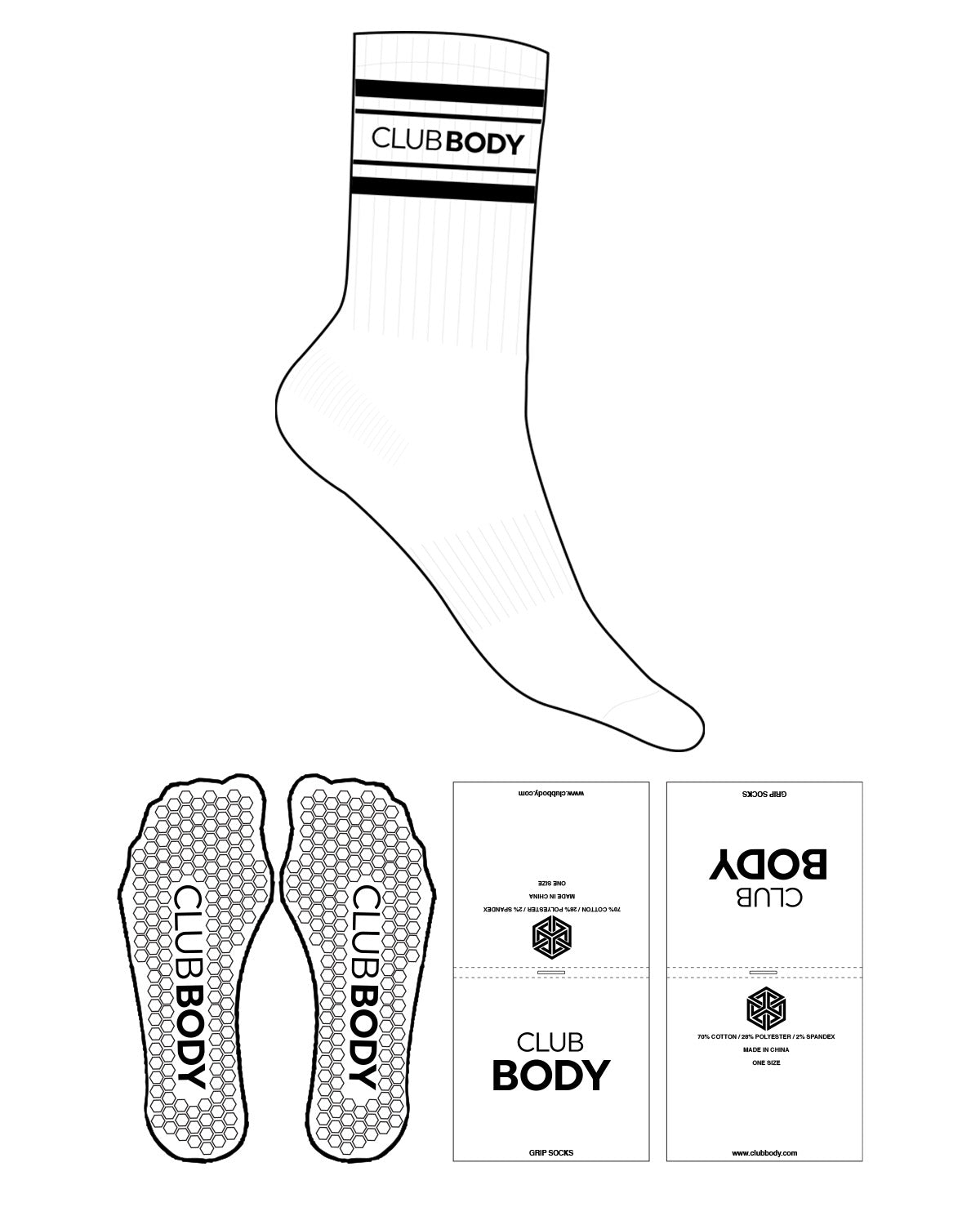 The Crew Sock - White - Club Body - 4 Stripes - Top Logo - Black - Hexagon Grip - Black