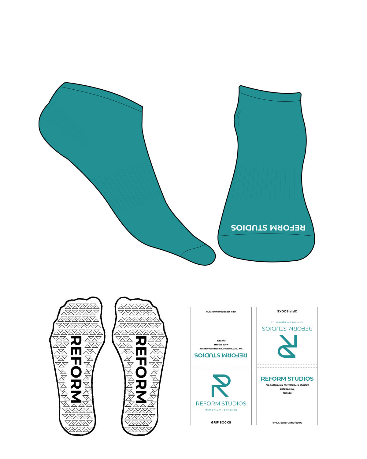 The Ankle Socks - Custom Teal - Reform Studios - Front Logo - White - Triangle Shape Grip - White