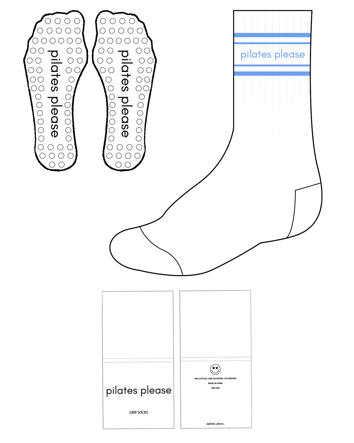 The Crew Sock - White - Pilates by Nix - 4 Lines - Center - Small Letters - Blue - Grip - Blue