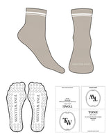 The 1/2 Crew Sock - Tan - L287 - Tone Wellness Studio - Top 2 Strips - Front Logo - White - Circle Shape Grip - White