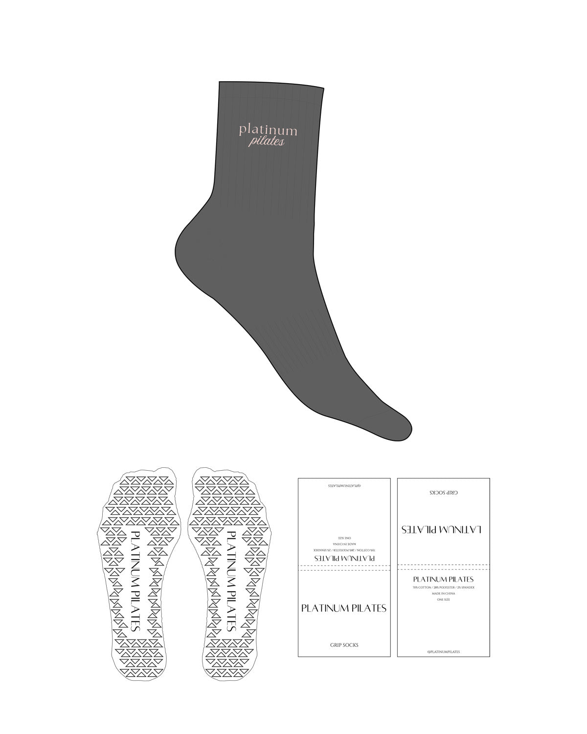 The 3/4 Crew Sock - Charcoal - Platinum Pilates - Top Logo Stacked - Embroidered - Pink - Triangle Grip - Transparent