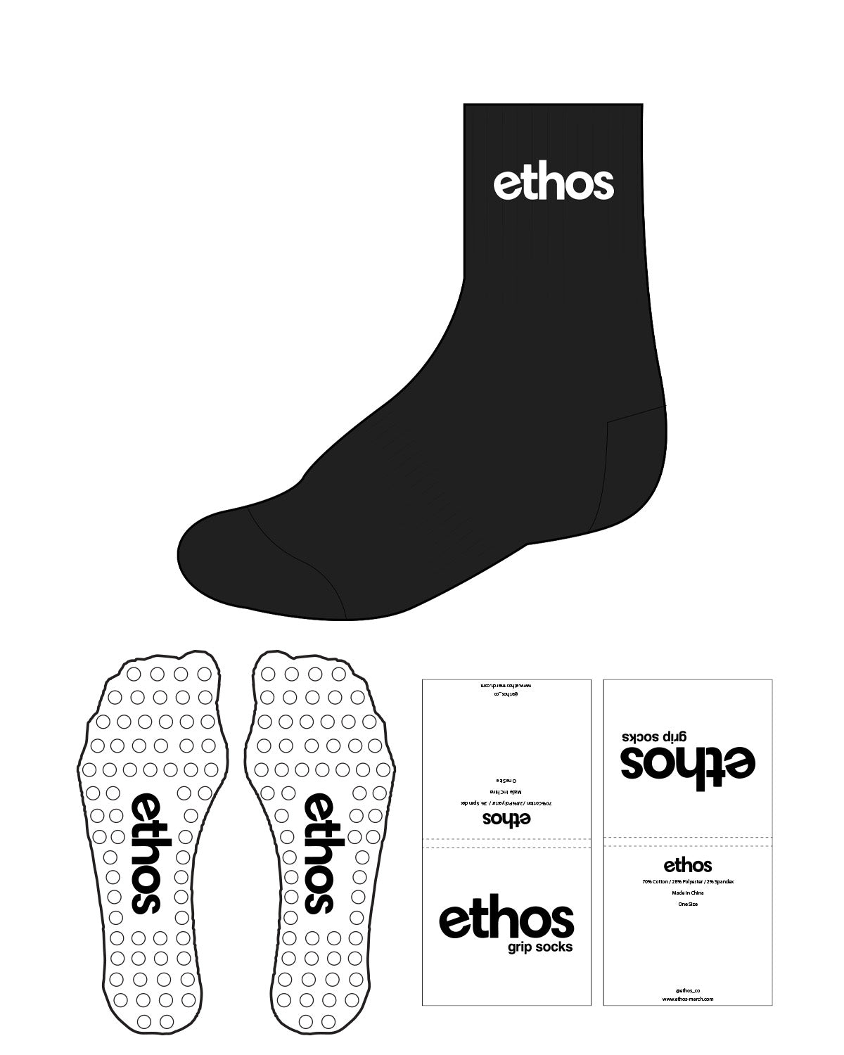 The 3/4 Crew Sock - Black - Ethos Socks - Top Center Text - White - Circle Shape - White Grip