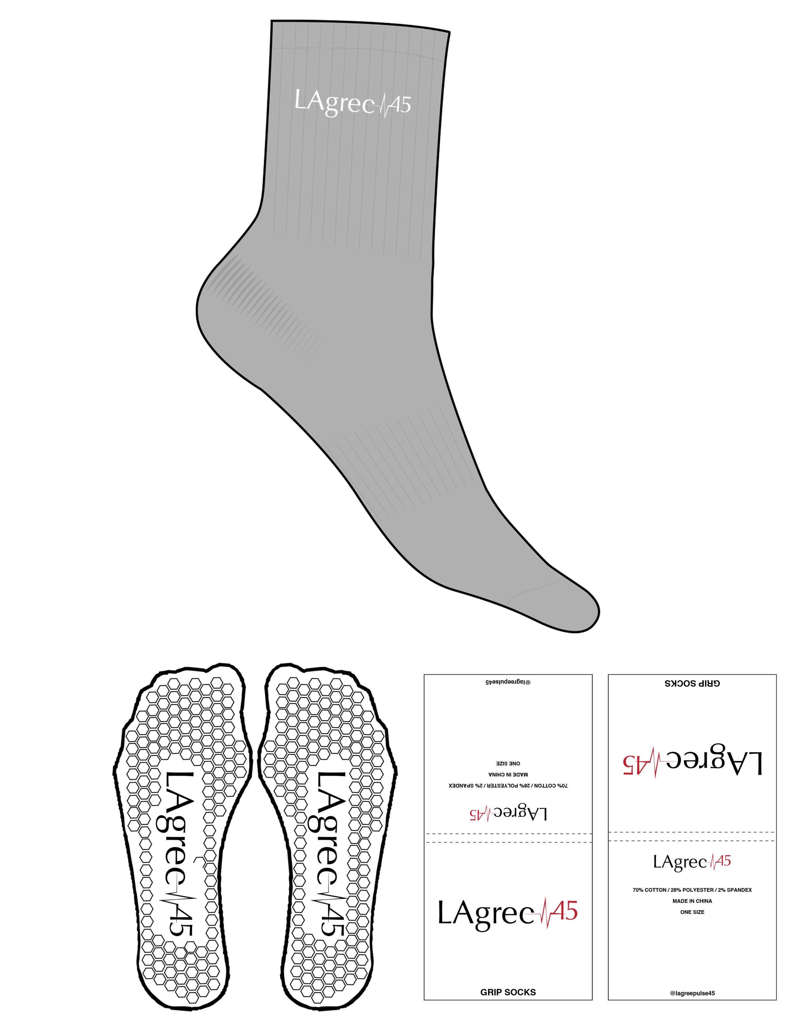The 3/4 Crew Sock - Heather Gray - Lagree Pulse 45 - Top Logo - Embroidered - White - Hexagon Grip - White