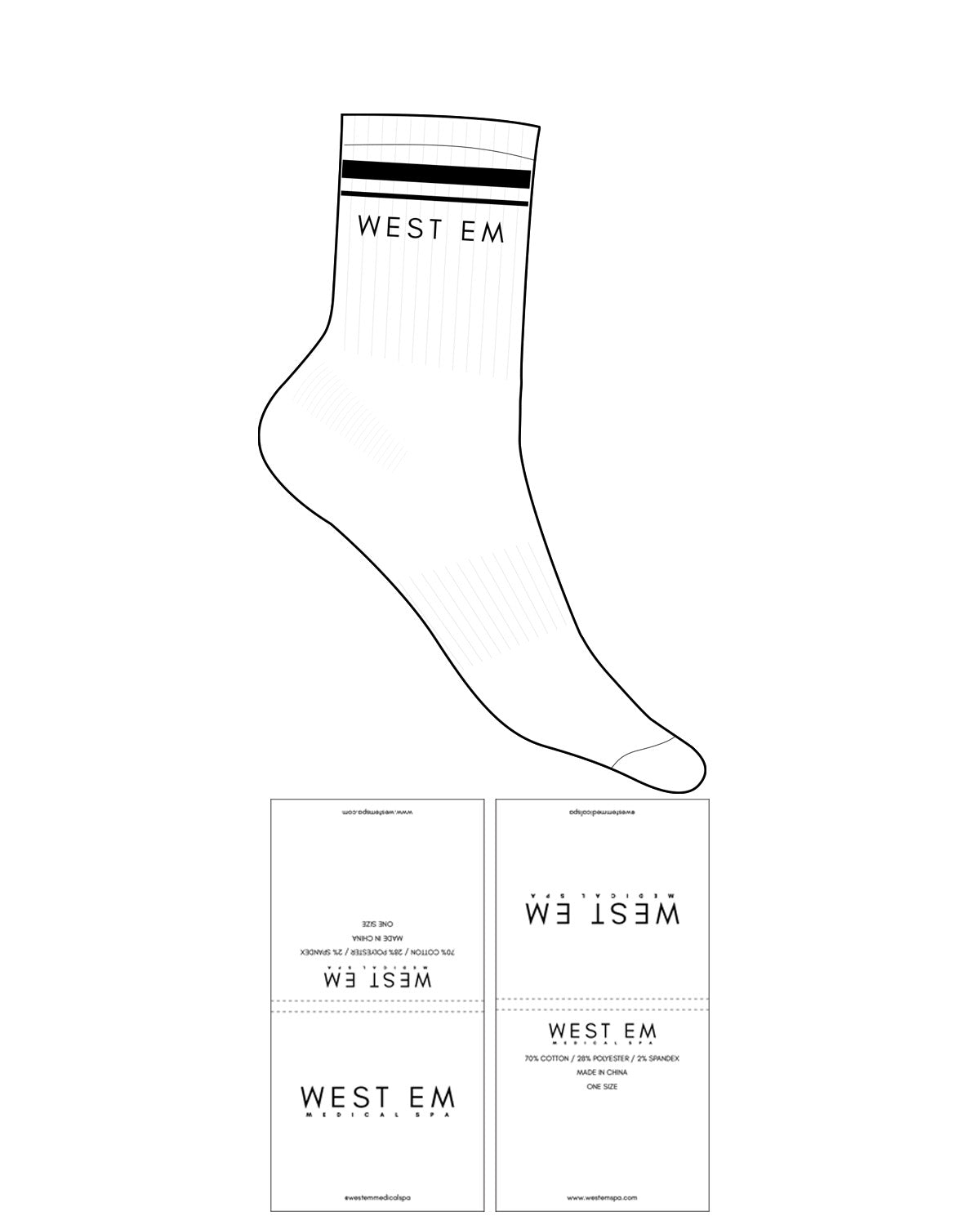 The 3/4 Crew Sock - White - West Em Medical Spa - 2 Strip - Top Logo - Black