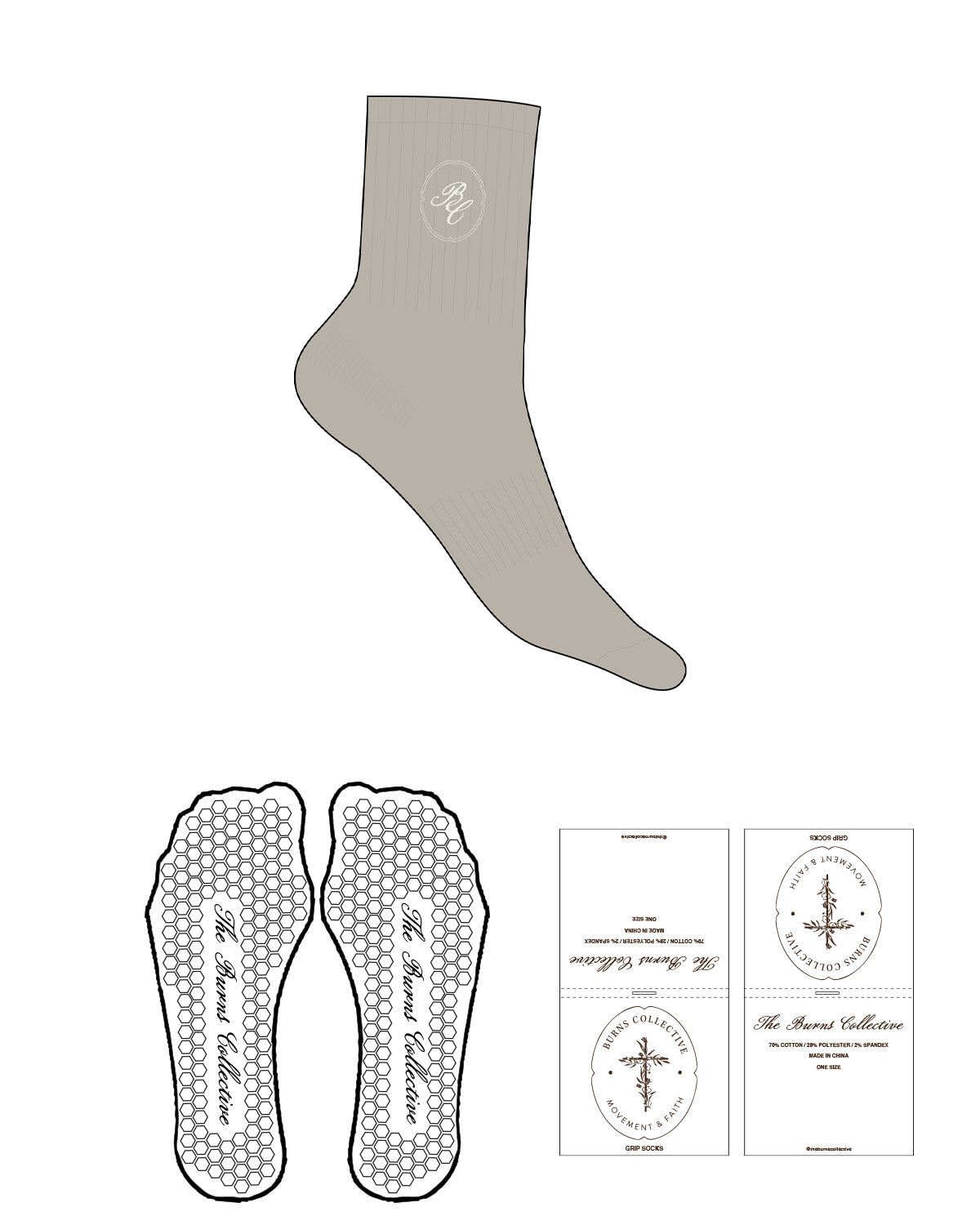 The 1/2 Crew Sock - Tan - Burns Collective - Top Logo - Embroidered - Bone - Hexagon Grip - Transparent