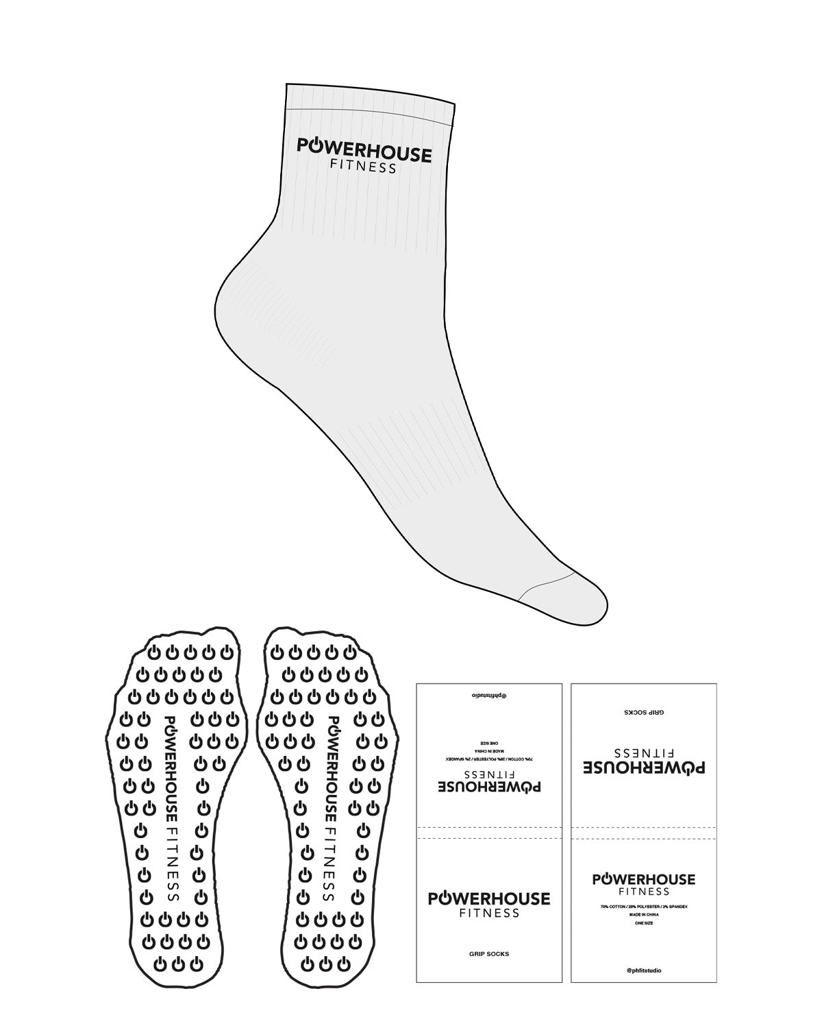 The 1/2 Crew Sock - Heather - Powerhouse Fitness - Top Logo - Black - Power Shape Grip - Transparent
