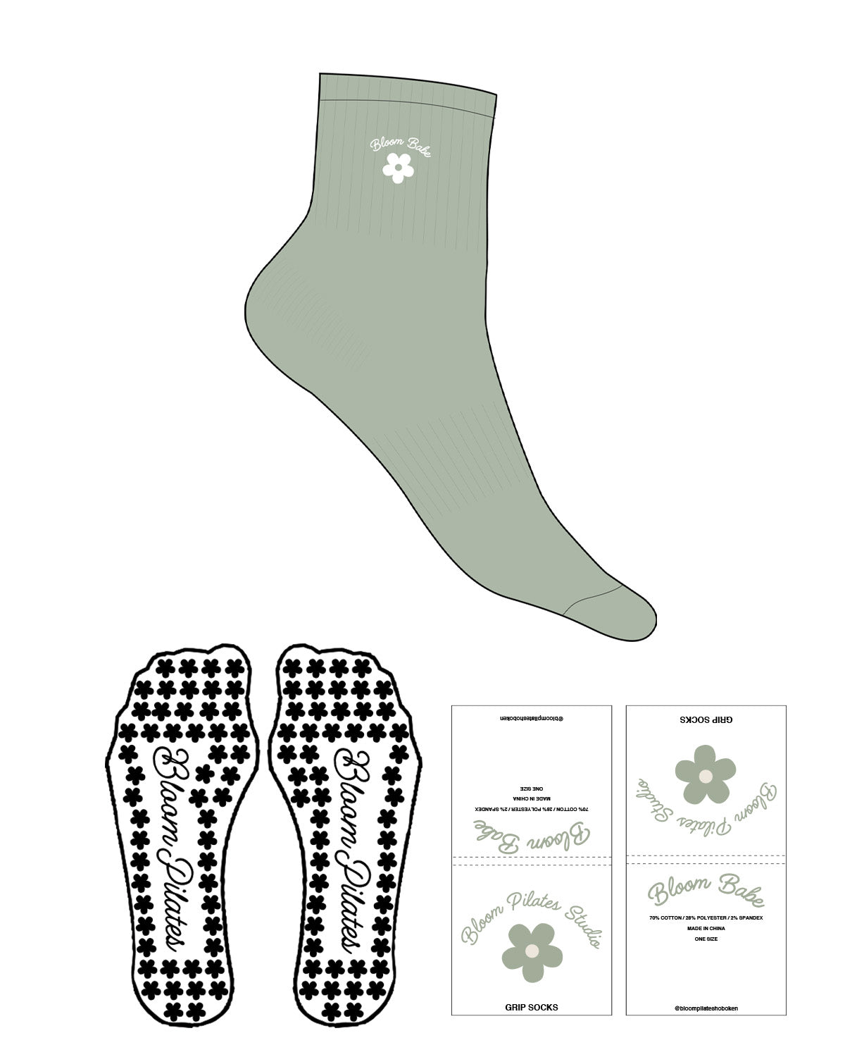 The 1/2 Crew Sock - Sage - Bloom Pilates - Top Logo - Embroidered - White - Flower Grip - Transparent