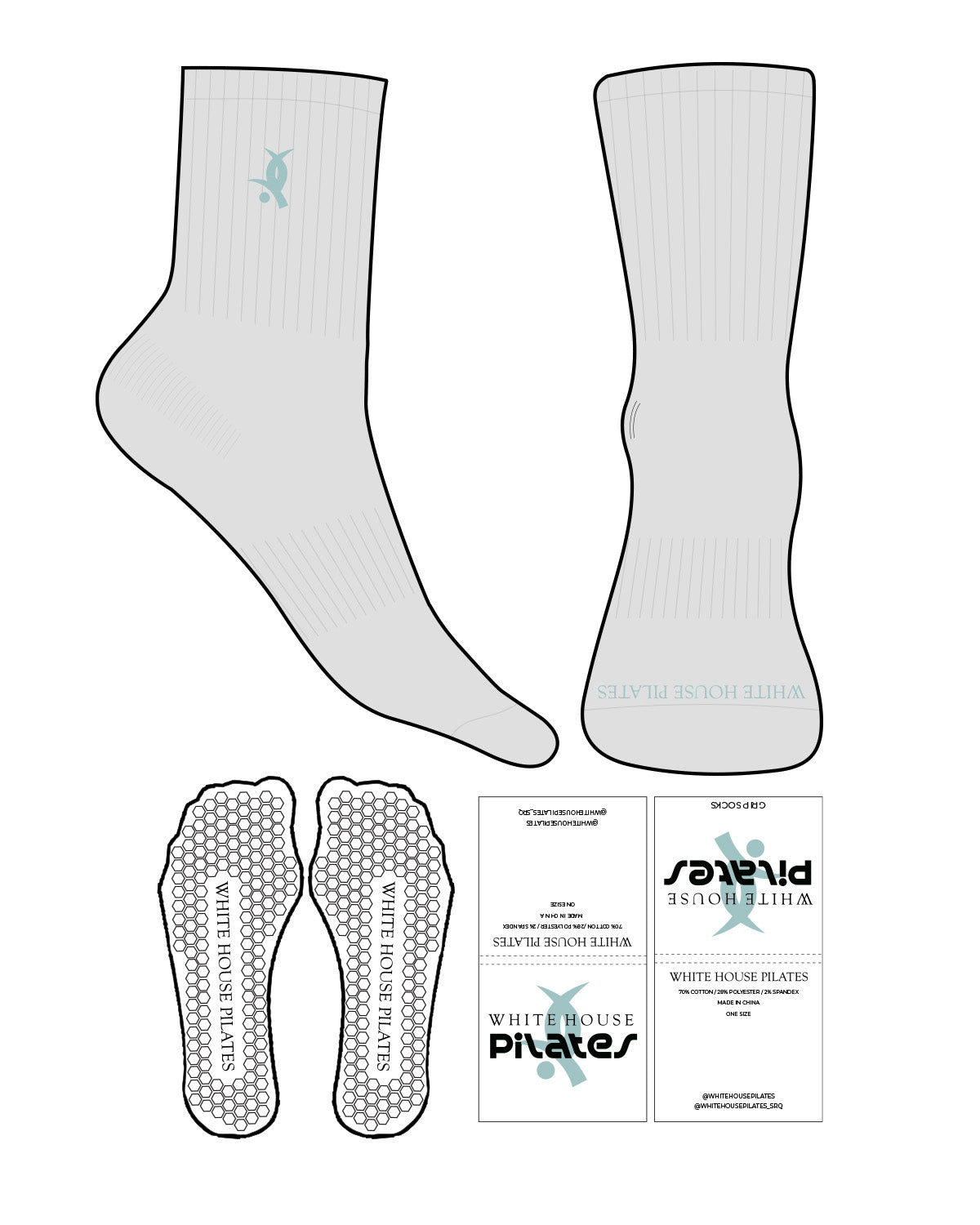 The 3/4 Crew Sock - Heather - White House - Top Logo Embroidered - Front Logo Printed - Teal - Hexagon Shape Grip - Teal