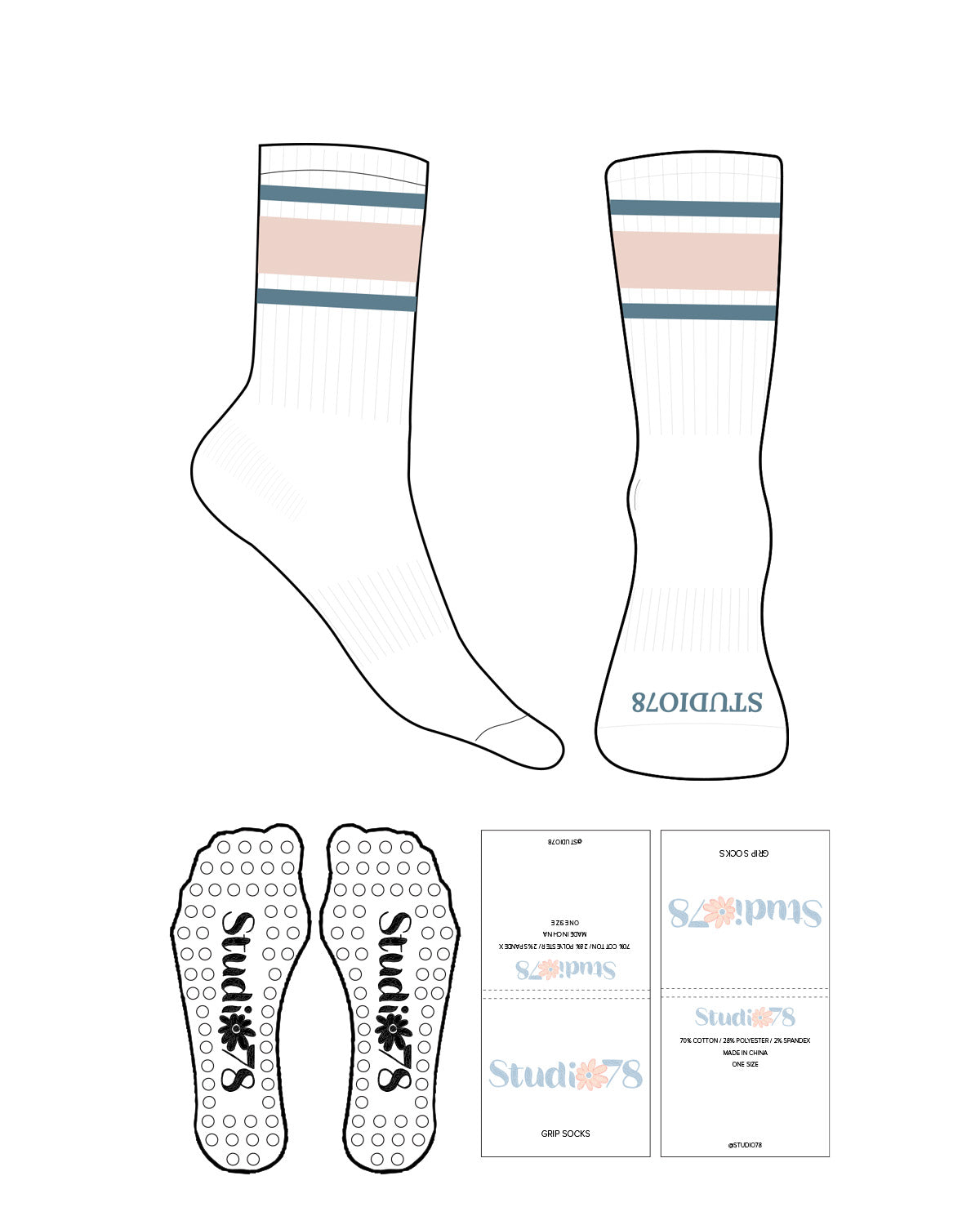 The Crew Sock - White - Studio 78 - Top 3 Lines - Bottom Text - Full Color - Circle Shape Grip - White