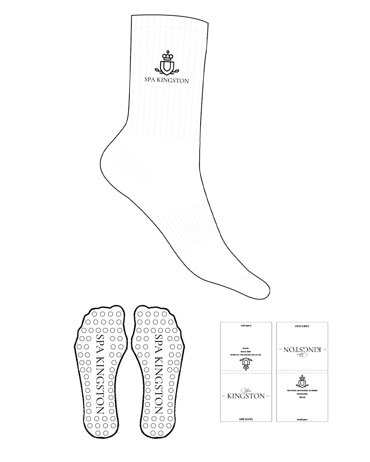The Crew Sock - White - Spa Kingston - Top Logo Stacked - Embroidered - Black - Circle Shape Grip - Black