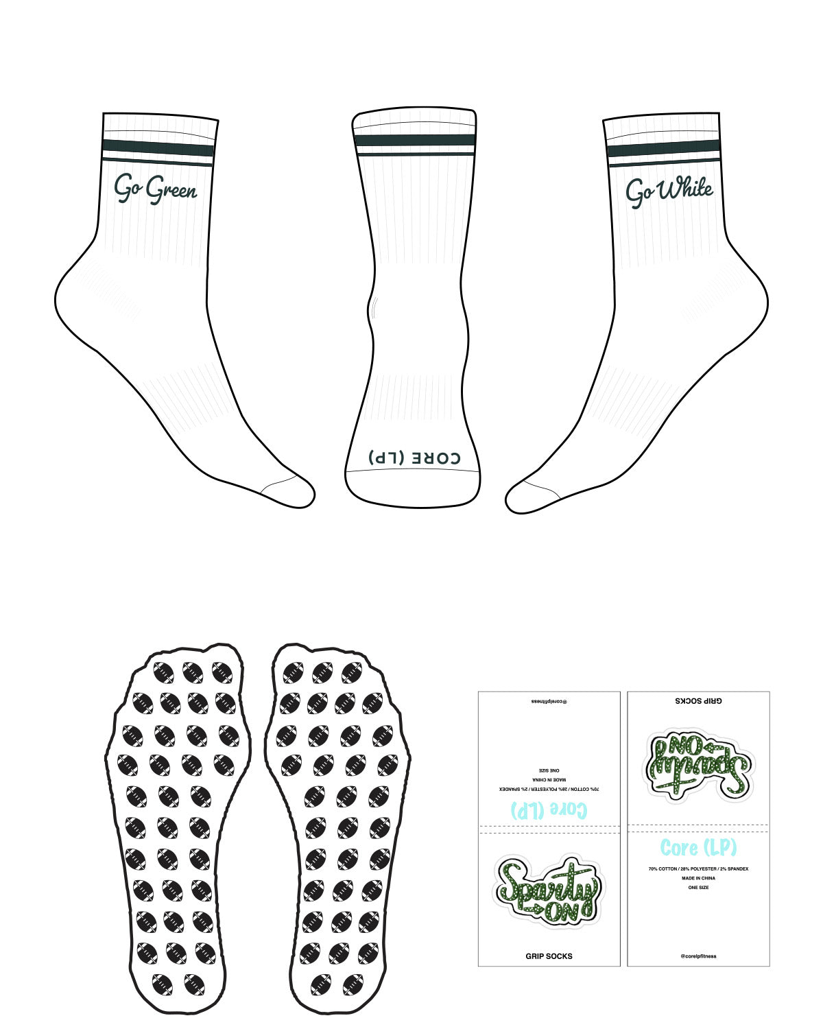 The 3/4 Crew Sock - White - Core LP - 2 Strips - Top Center Logo - Embroidered - Forest Green - Toe Logo - Printed - Forest Green - Custom Shape Grip - Black