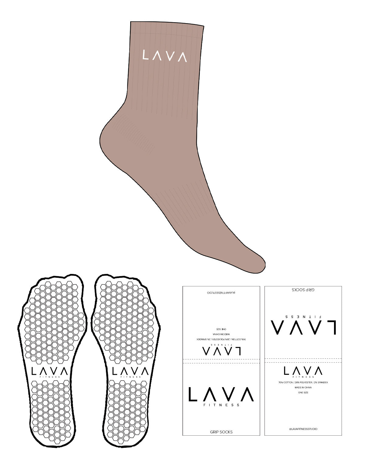 THE 3/4 CREW SOCK - Clay - L120 - Lava - Top 2 Border Lines & Text - White - Hexagon Shape Grip - White