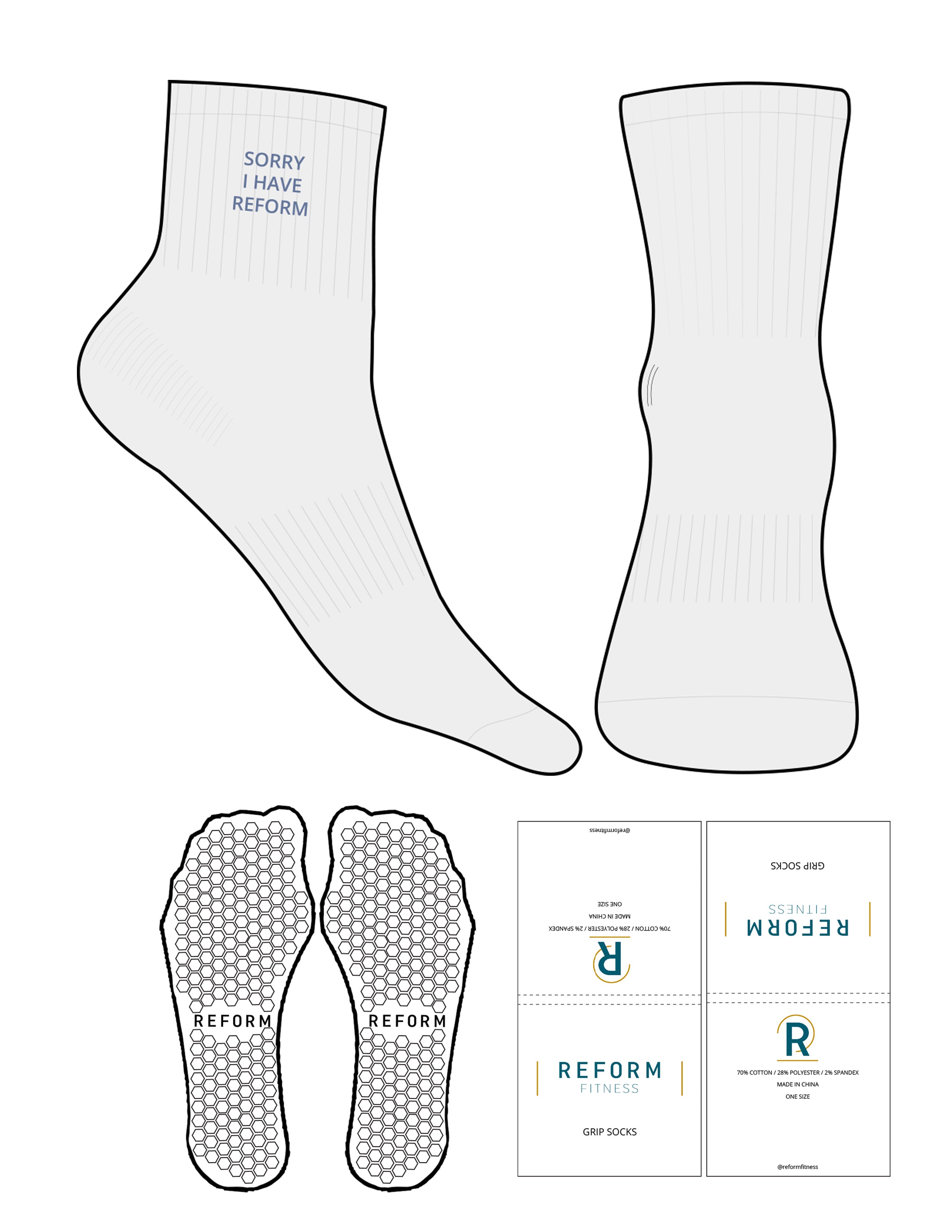 The 1/2 Crew Sock - White Heather - Reform Fitness - Top Logo Stacked - Embroidered - Colony Blue - Hexagon Grip - Transparent
