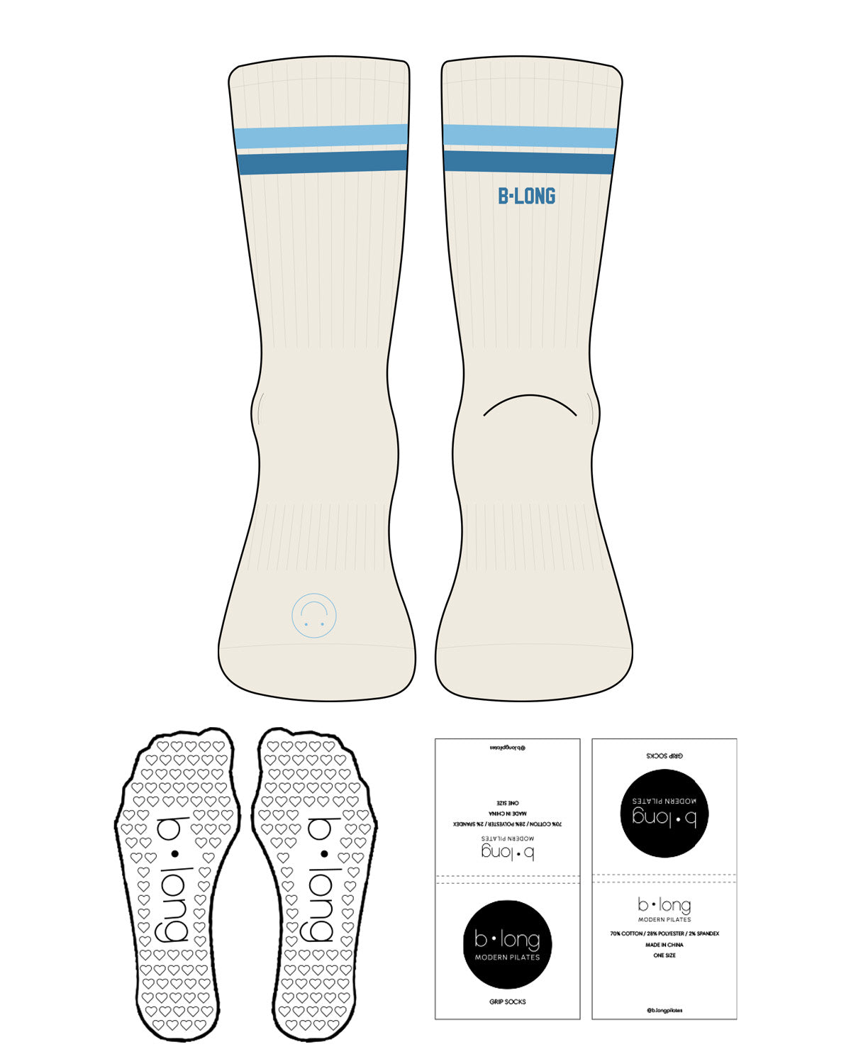 The Crew Sock - Off White - B Long Pilates - 3 Strips - Top Back & Front Logo - Blue D77/M44 - Heart Shape Grip - Translucent