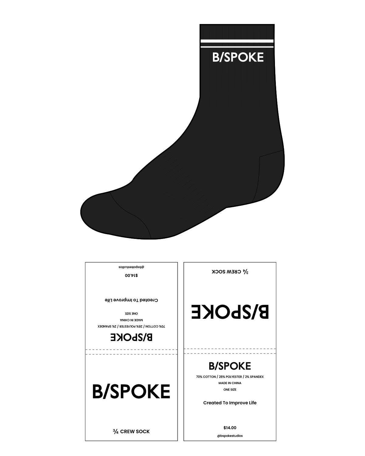 The 3/4 Crew Sock - Black - BSPOKE - Top Lining - White