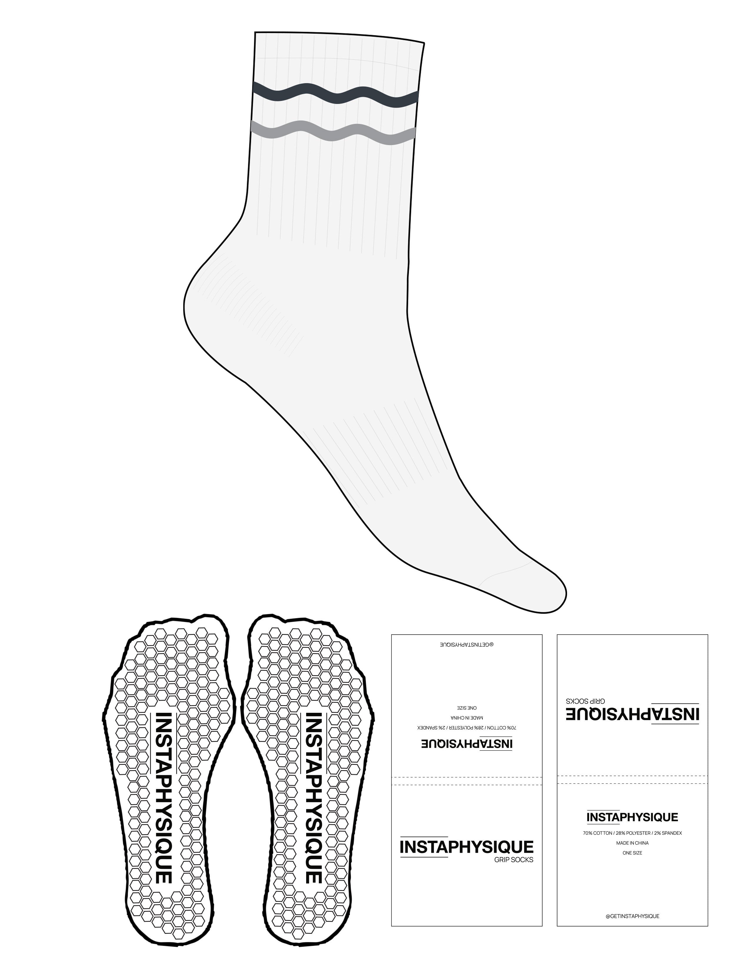 The 3/4 Crew Sock - White Heather - Instaphysiques - 2 Wavy Stripes - Printed - Charcoal & Grey - Hexagon Grip - Charcoal