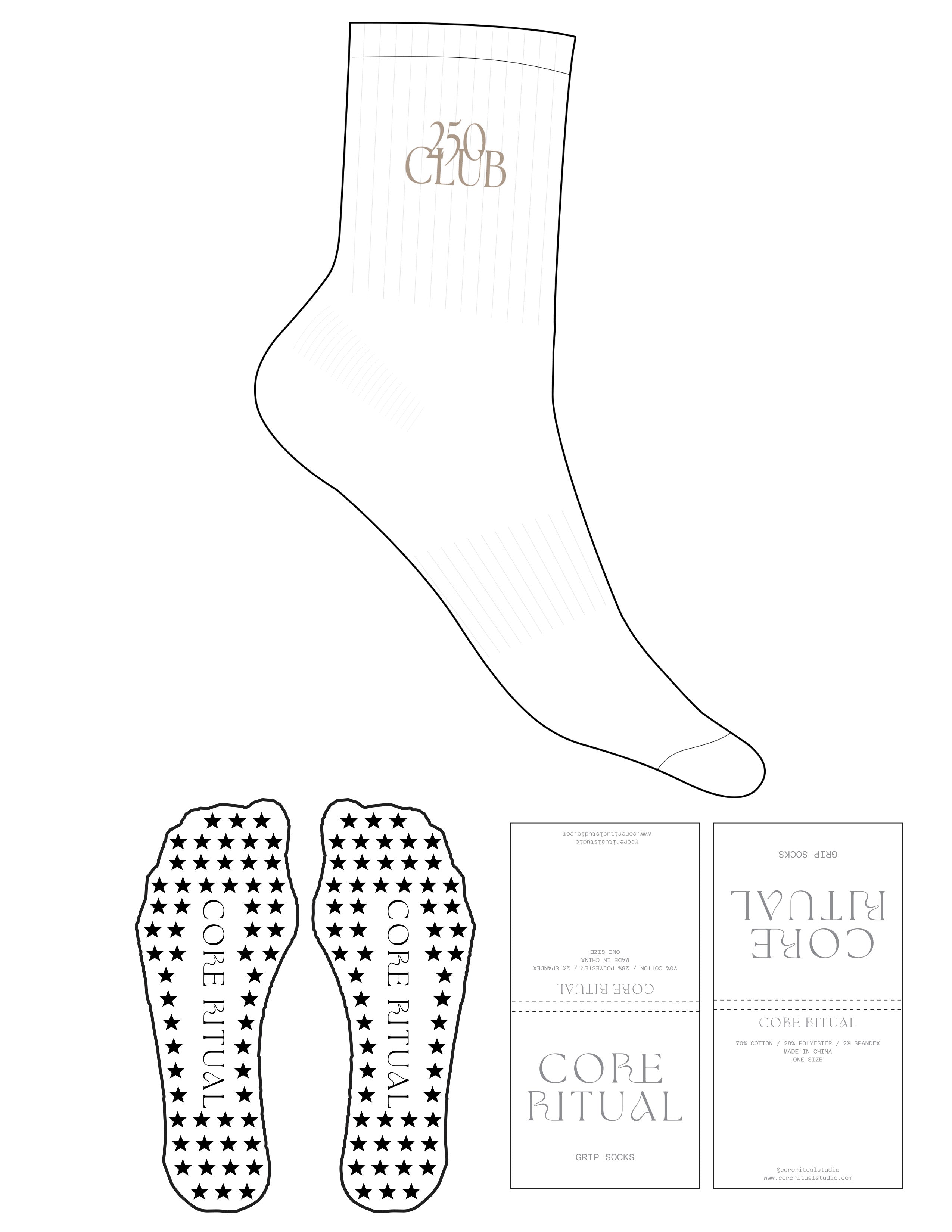The 3/4 Crew Sock - White - Core Ritual - Top Logo "250 CLUB" - Embroidered - Oatmilk - Star Grip - Oatmilk