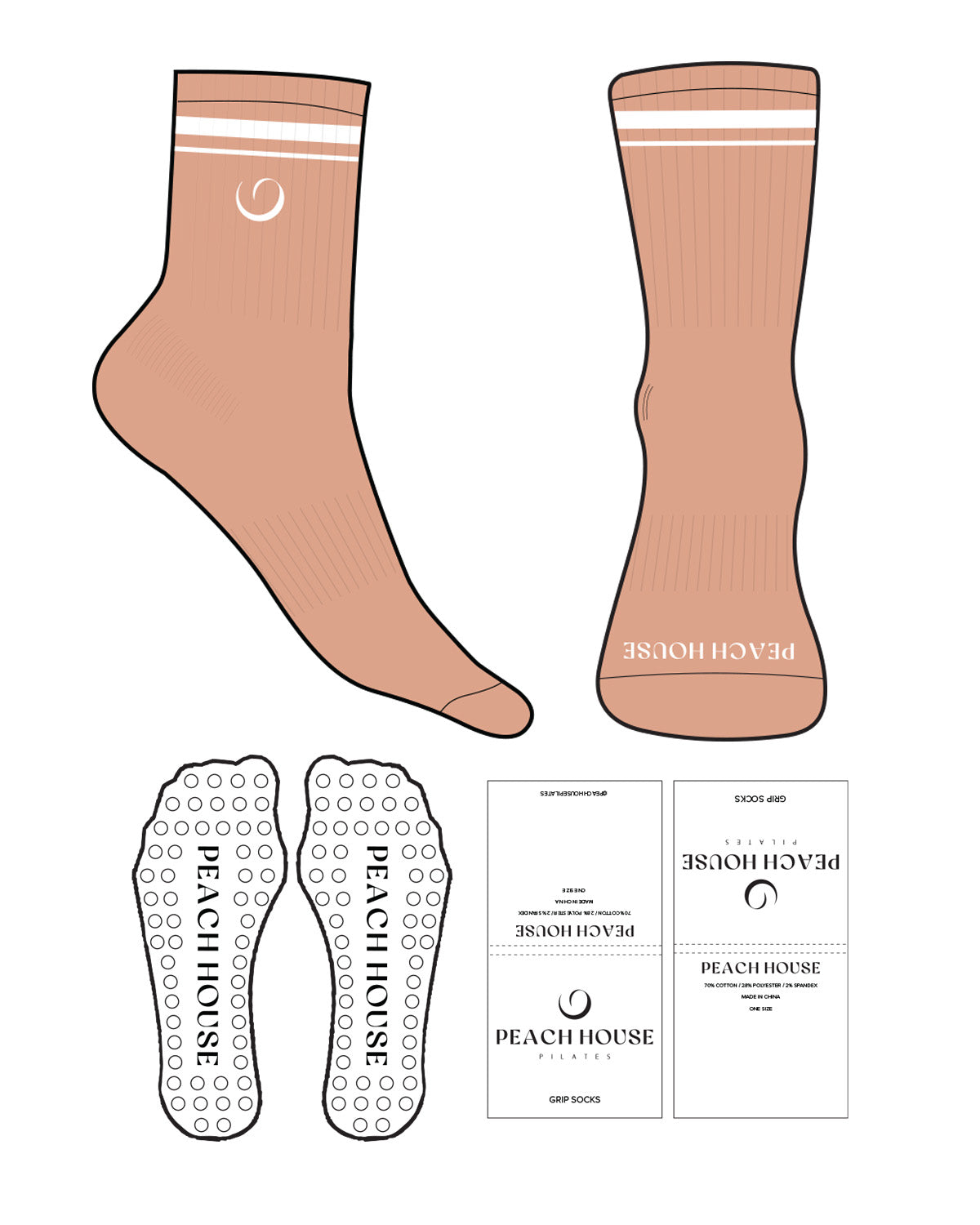 The 3/4 Crew Sock - Peach(L70) - Peach House Pilates - 3 Strips - Top Logo Round & Front  - White - Circle Shape Grip - Transparent