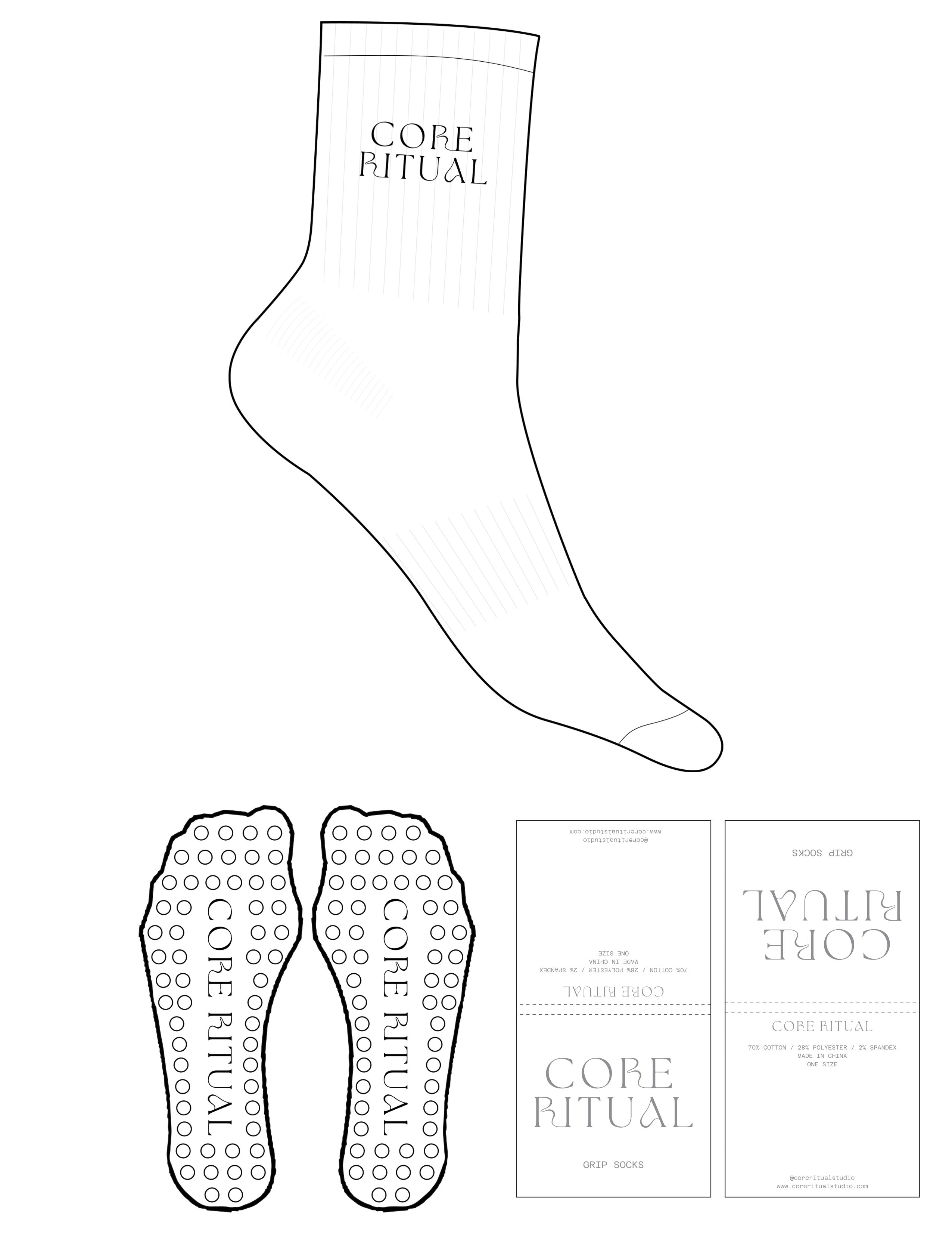 The 3/4 Crew Sock - White - Core Ritual - Top Logo Stacked - Embroidered - Black - Circle Grip - Black