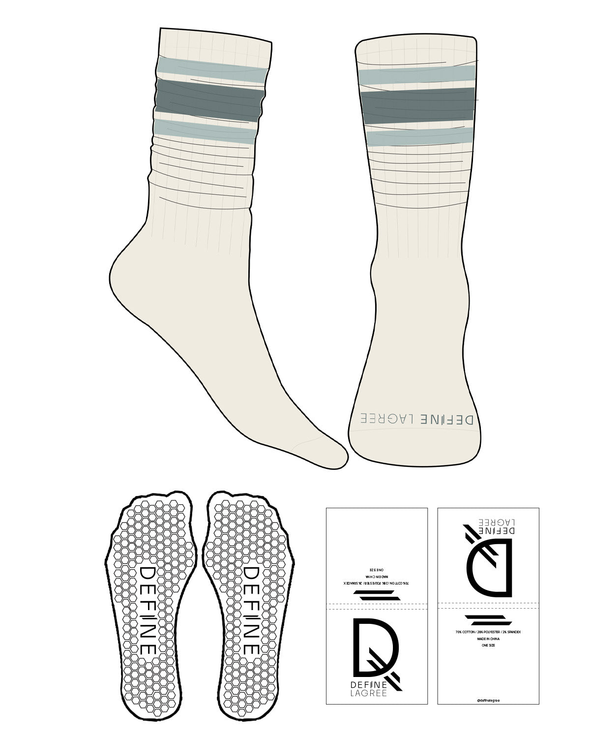 The Slouch Sock - Off White - Define Lagree - 3 Strips - Toe Logo - Full Color - Hexagon Grip - Translucent