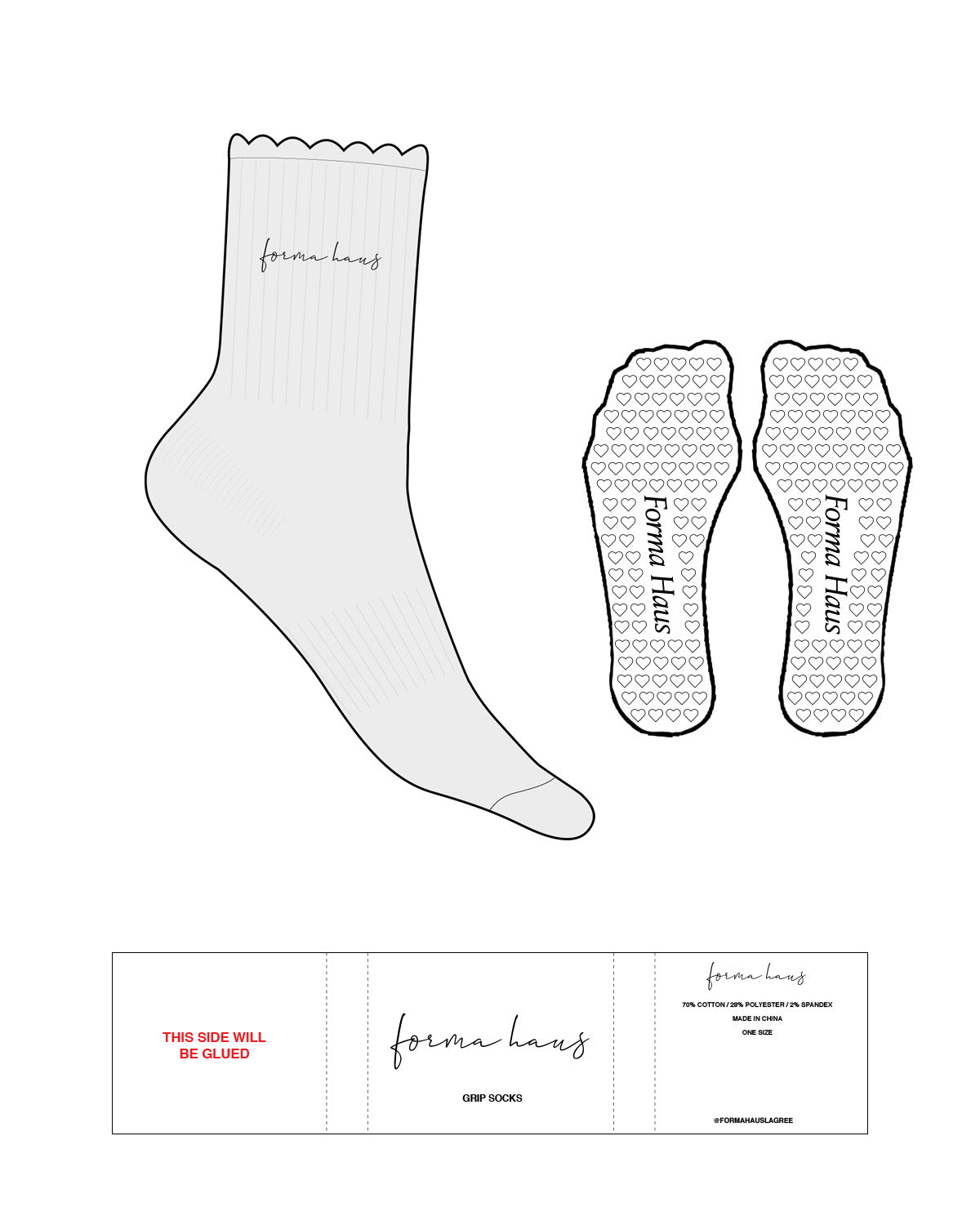 The 3/4 Crew Sock -  Heather - Forma Haus - Top Text - Embroidered - Black - Heart Shape Grip - Transparent