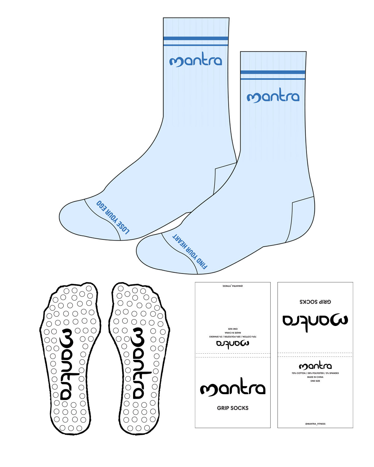 The Crew Sock - Black - Light Blue - L55 - Top 2 Lines Text & Bottom - Dark Blue Logos - M54 - Circle Shape Grip -
