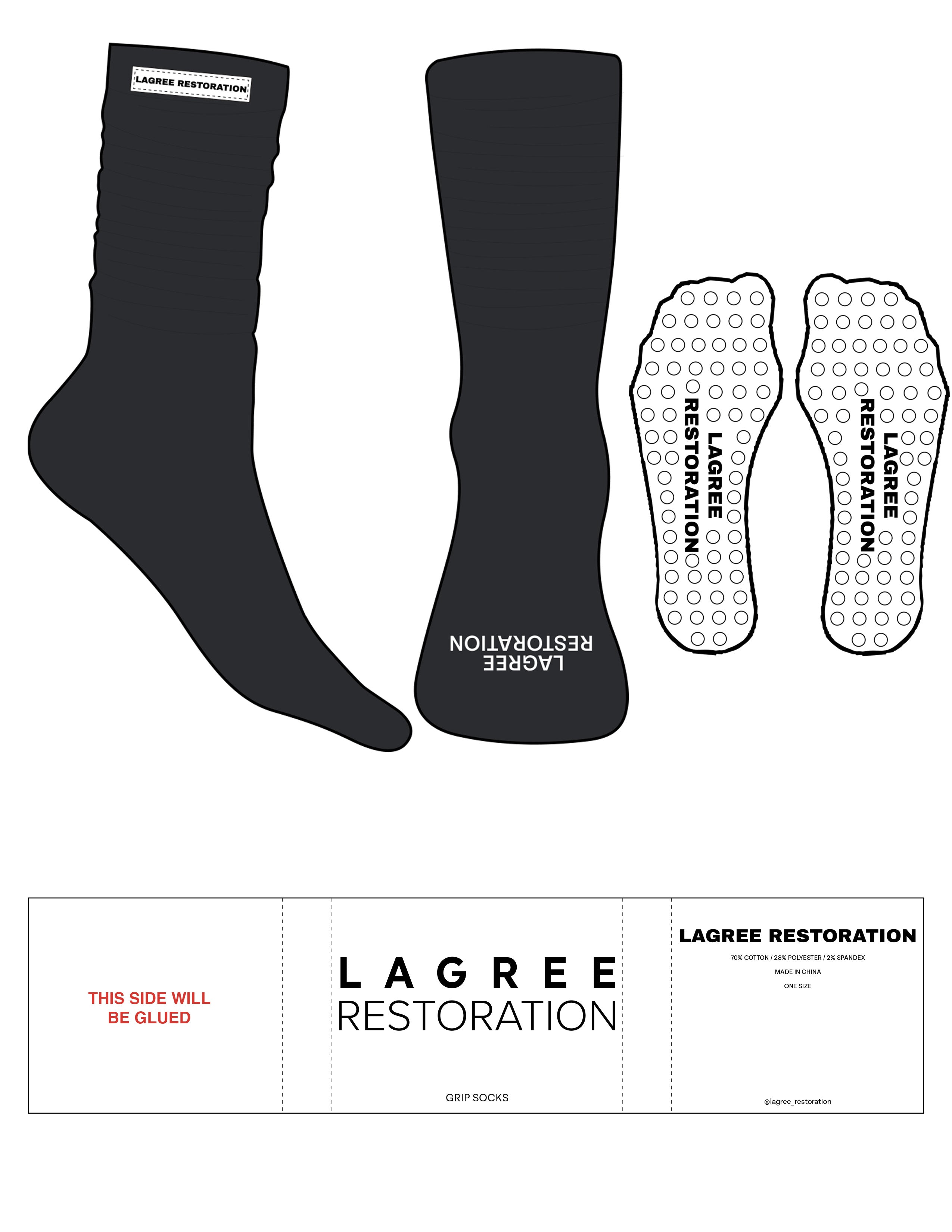 The Slouch Sock - Stretch Limo - Lagree Restoration - White Embroidered Label Logo - White Toe Logo - Stretch Limo Label Logo - Circle Grip - Transparent