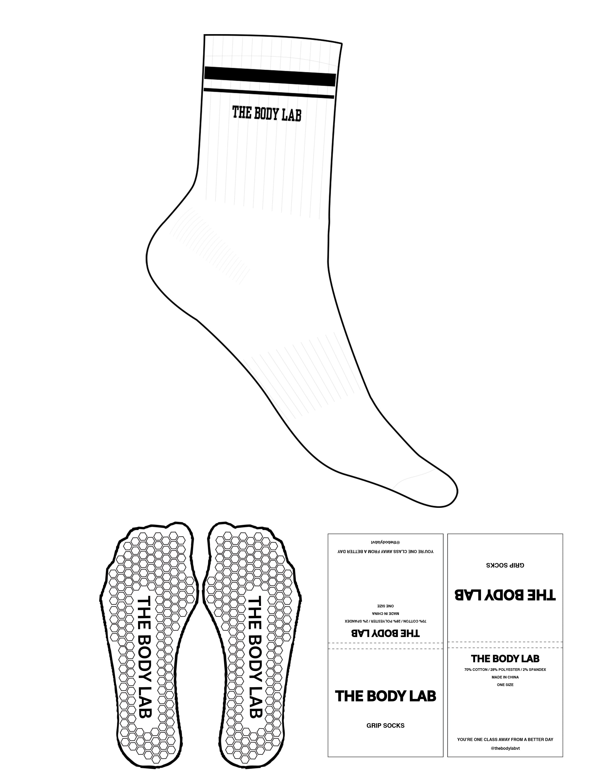 The 3/4 Crew Sock - White - Body Lab - 2 Stripes - Top Logo - Embroidered - Black - Hexagon Grip - Black