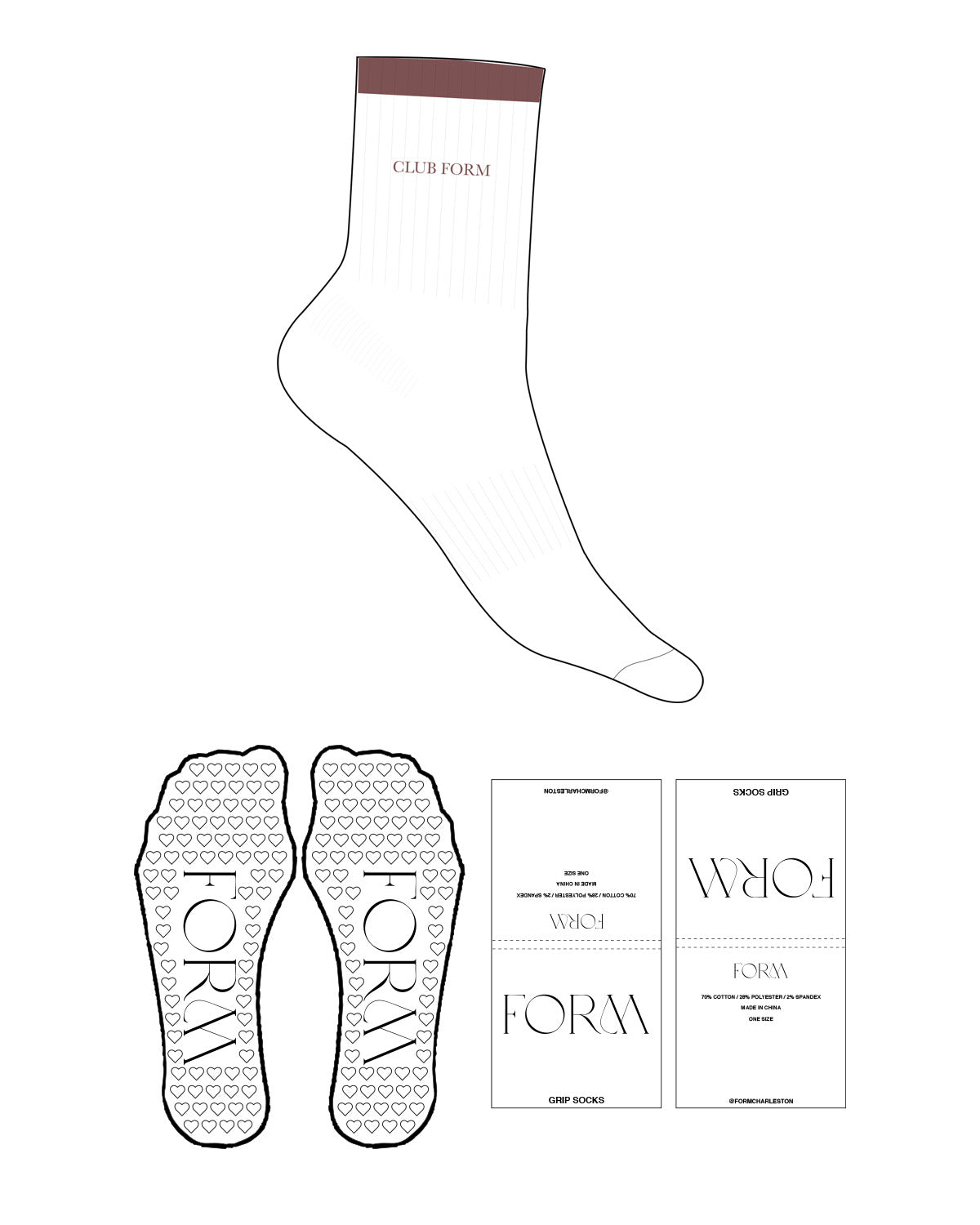 The 3/4 Crew Sock - White - Form Charleston - Single Strip Top Logo - Embroidered - Terracotta - Heart Shape With Icon - Terracotta