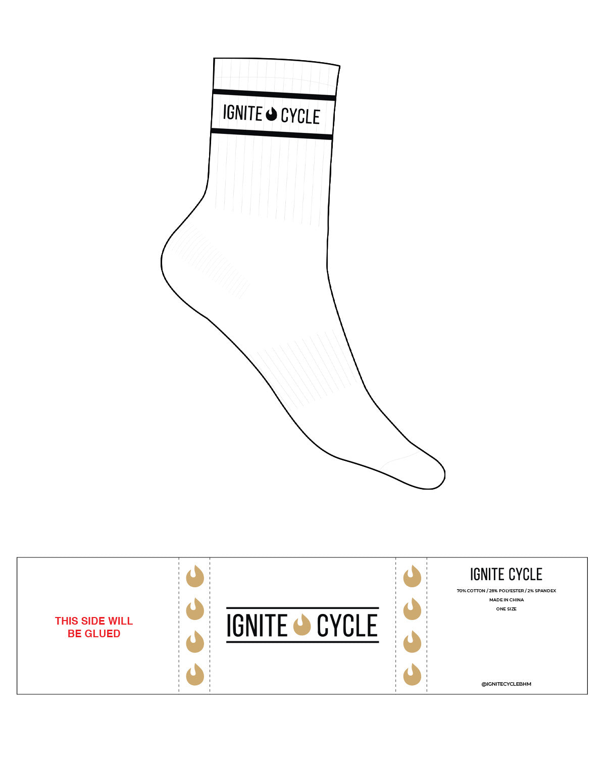 The 3/4 Crew Sock - White - Ignite Cycle - Top - Text In Between Border Lines W/ Icon - Black