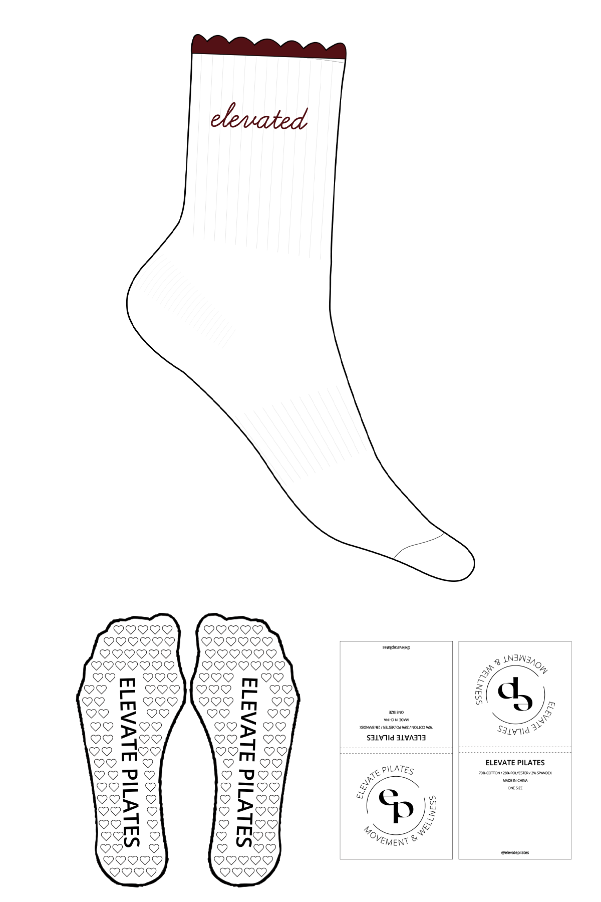 The 3/4 Scalloped Crew Sock - White - Elevate Pilates - Top Logo - Embroidered - Maroon - Heart Grip - Maroon