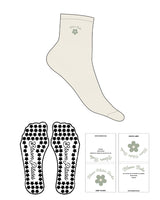 The 1/2 Crew Sock - Off White - Bloom Pilates - Top Logo - Embroidered - Sage - Flower Grip - Transparent