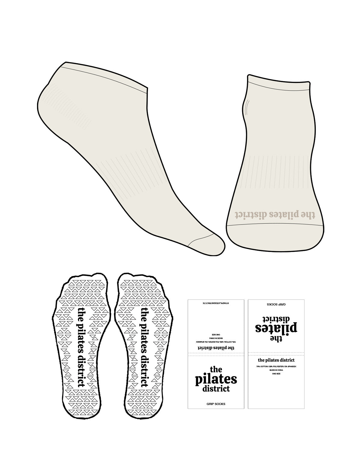 The Ankle Sock - Off White - THE PILATES DISTRICT - Front Logo - Tan - Triangle Shape Grip - Translucent