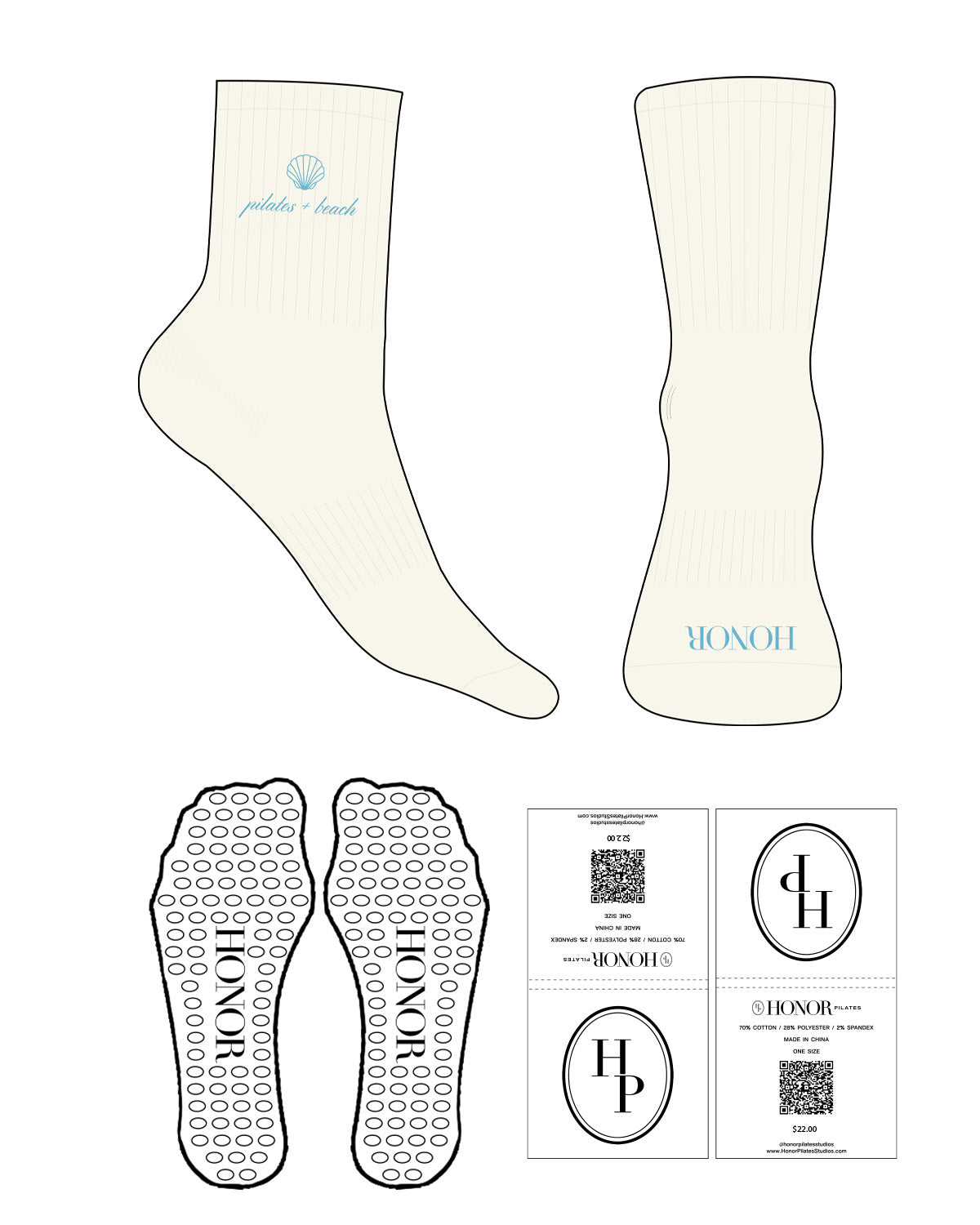 The 3/4 Crew Sock - Off White - Honor Pilates - Top Logo Stacked - Embroidered - Toe Logo - Printed - Teal - Circle Shape Grip - Transparent