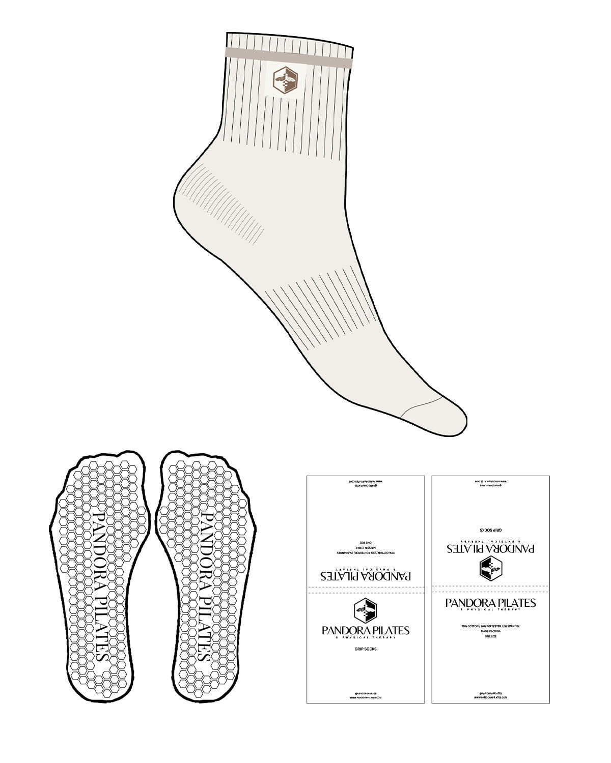 The Crew Sock - Cream - Pandora Pilates - Top Border & icon -    Tonal Stripe -  Cream Embroidered Label - Hexagon Shape Grip - Transparent