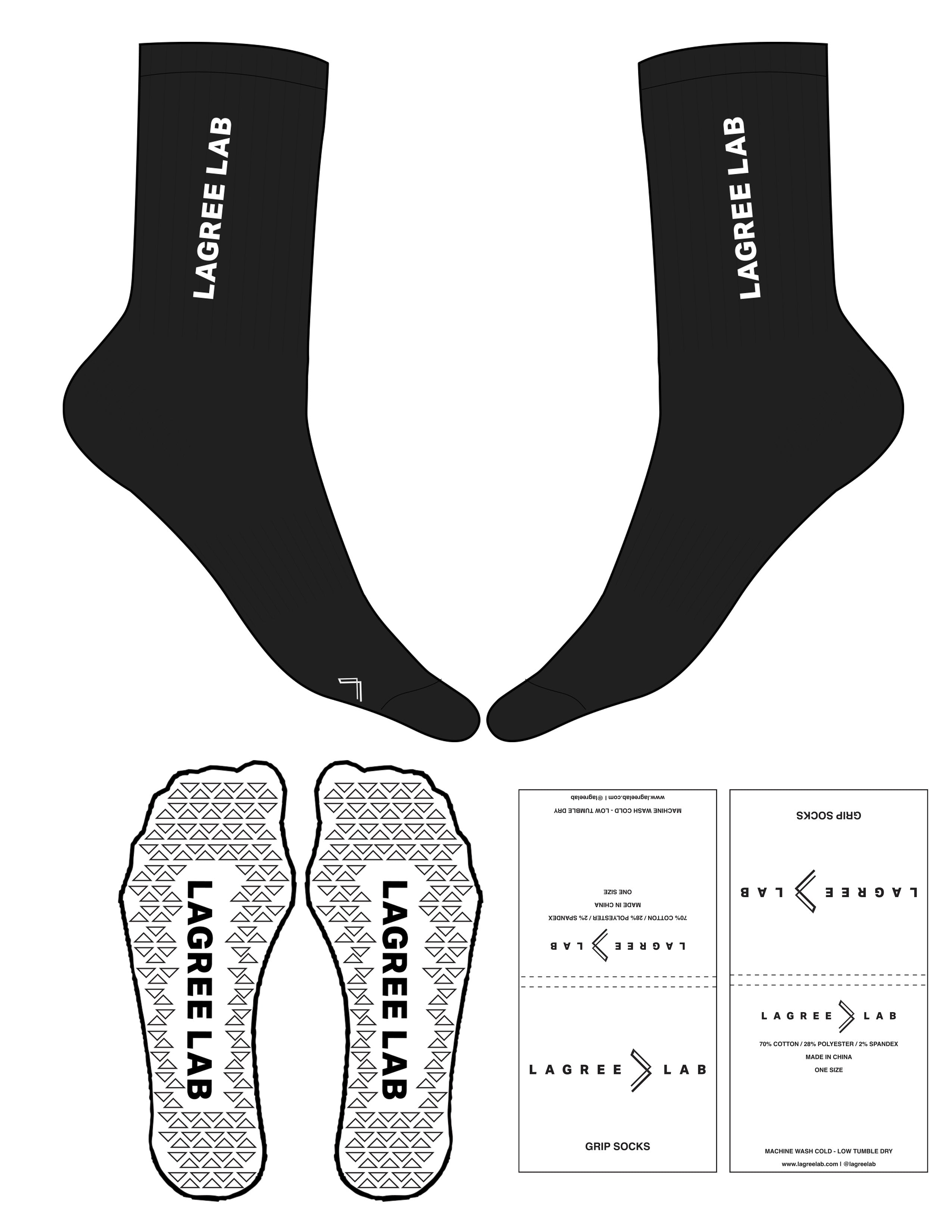The Crew Sock - Black - LagreeLab - Top & Toe Logo - White - Triangle Grip - White