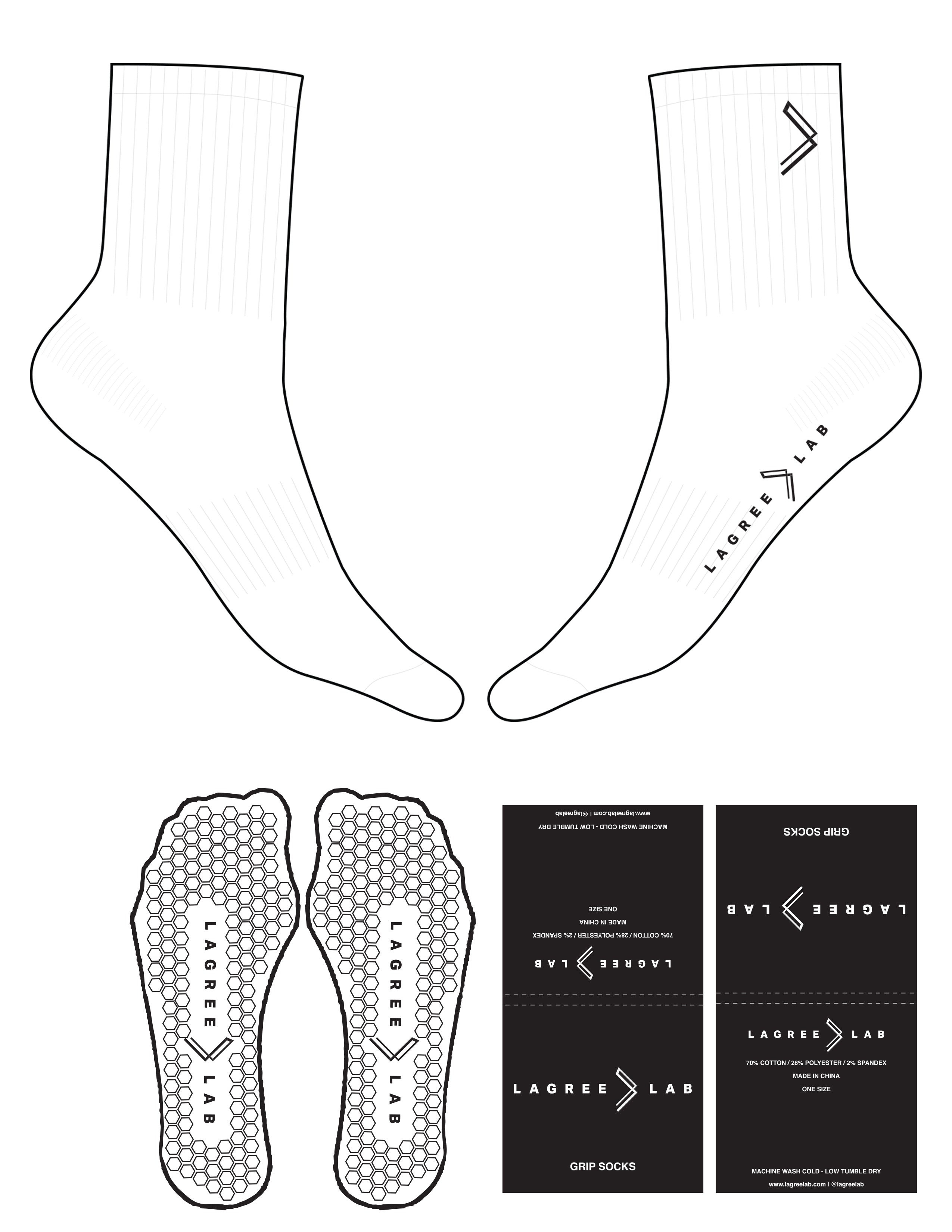 The 3/4 Crew Sock - White - LagreeLab - Top & Sole Logo - Printed - Black - Hexagon Grip - Black